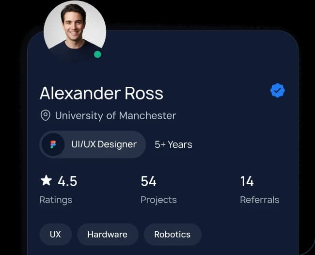 A member card: Alexander Ross, UI/UX designer at the University of Manchester, with his rating, projects, referrals and skills.