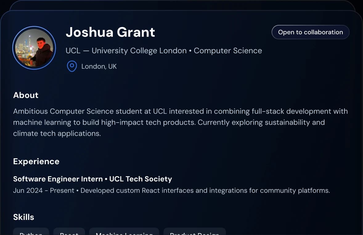 A Collabor8 profile: Joshua Grant, Computer Science at UCL, open to collaboration, with his about text, experience and skills.