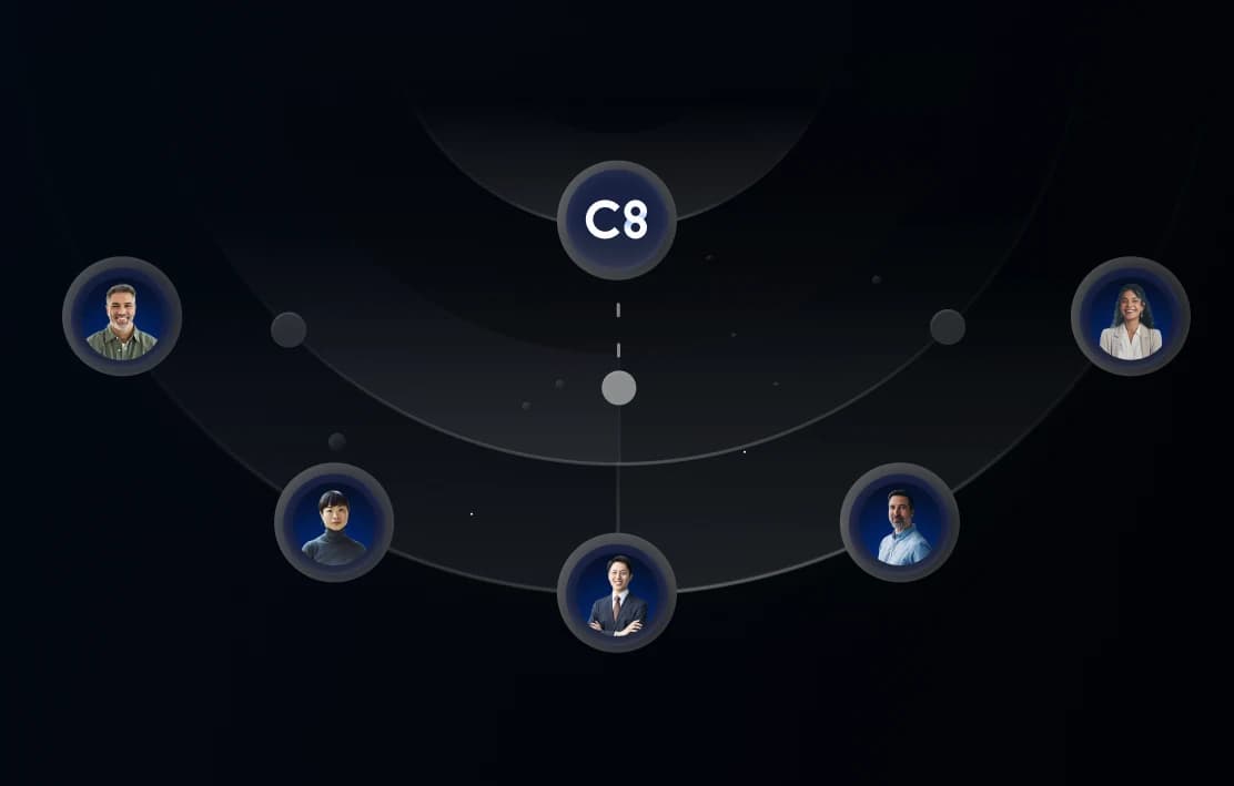 The match radar: the Collabor8 mark at the centre of three rings, with five students placed on them by how closely they match.