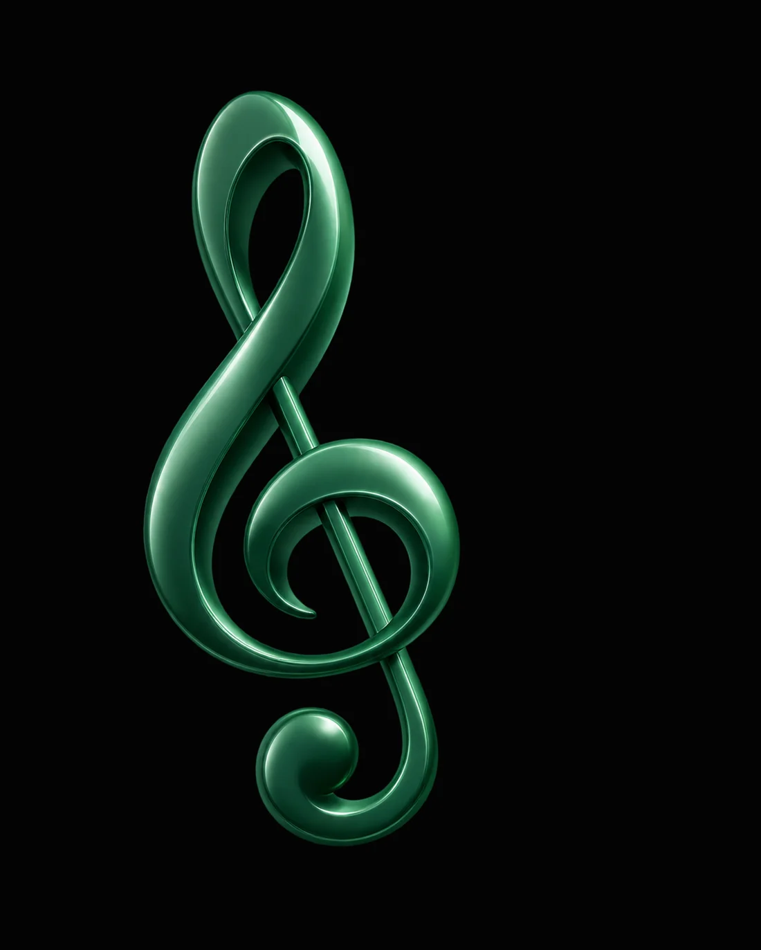 A glossy dark green 3D treble clef, one of Nota's ornaments, on black, cut by the page frame's left edge.
