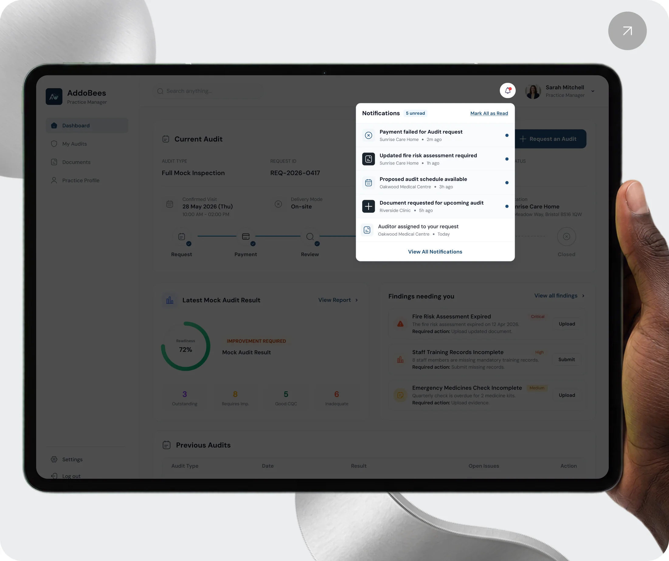 A tablet showing the practice manager dashboard with the notifications panel open: a failed payment, a fire risk assessment to update, a proposed schedule and a document request.