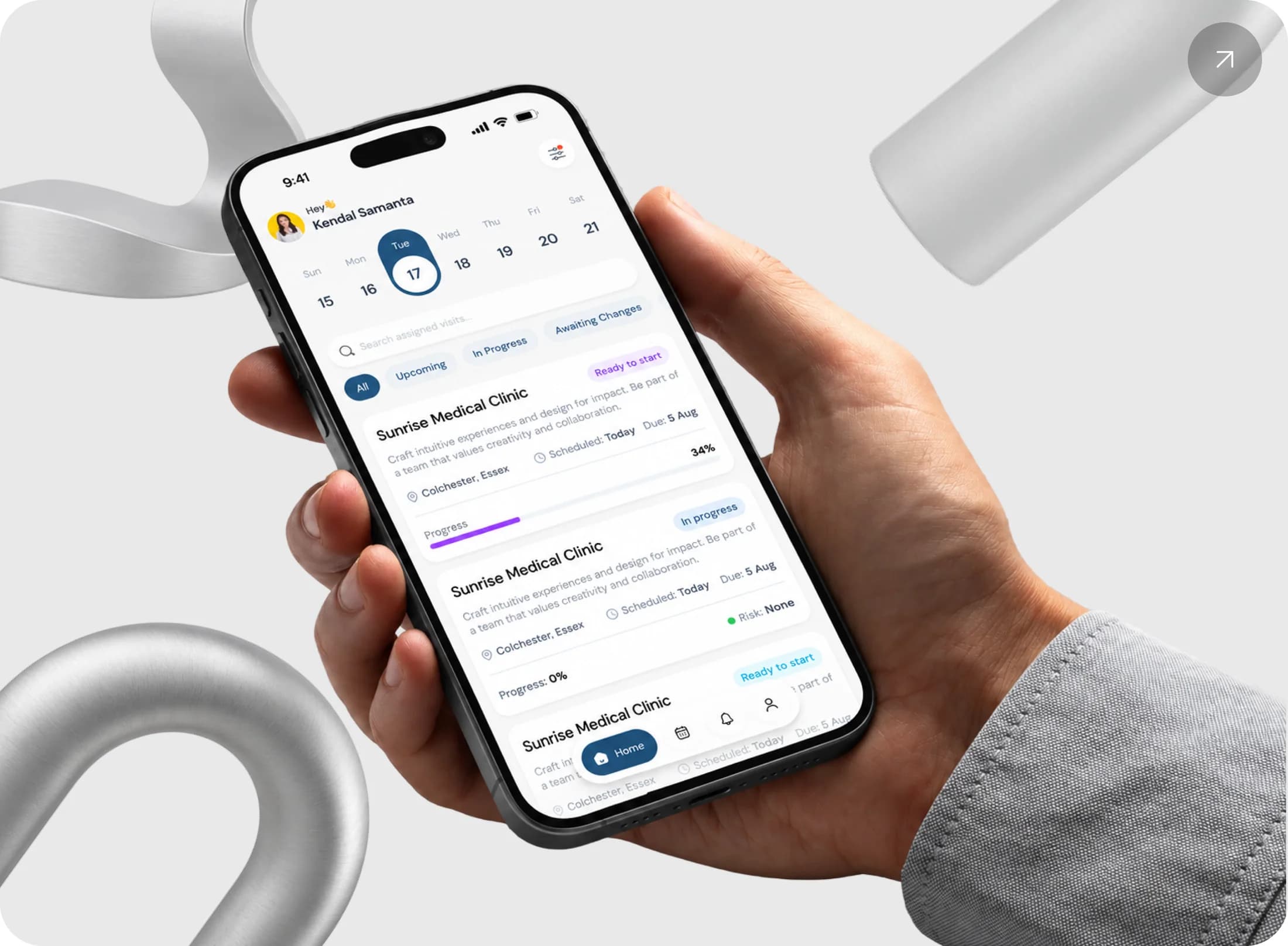 A hand holding a phone running the AddoBees auditor app: assigned visits for the week, each with its practice, location, due date and progress.