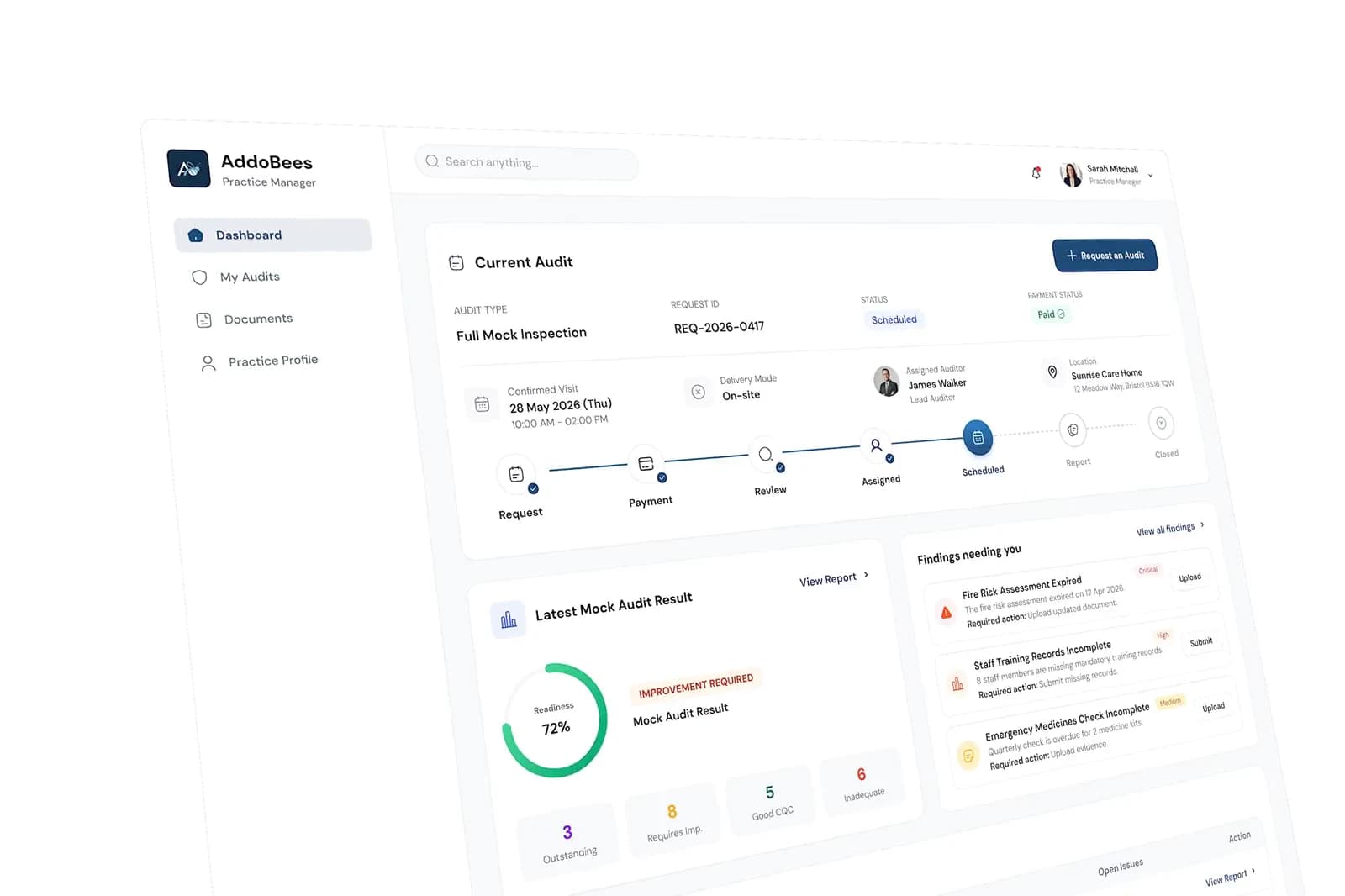The AddoBees practice dashboard: a current audit on its timeline at the Scheduled step, beside a list of findings needing action with their required response.