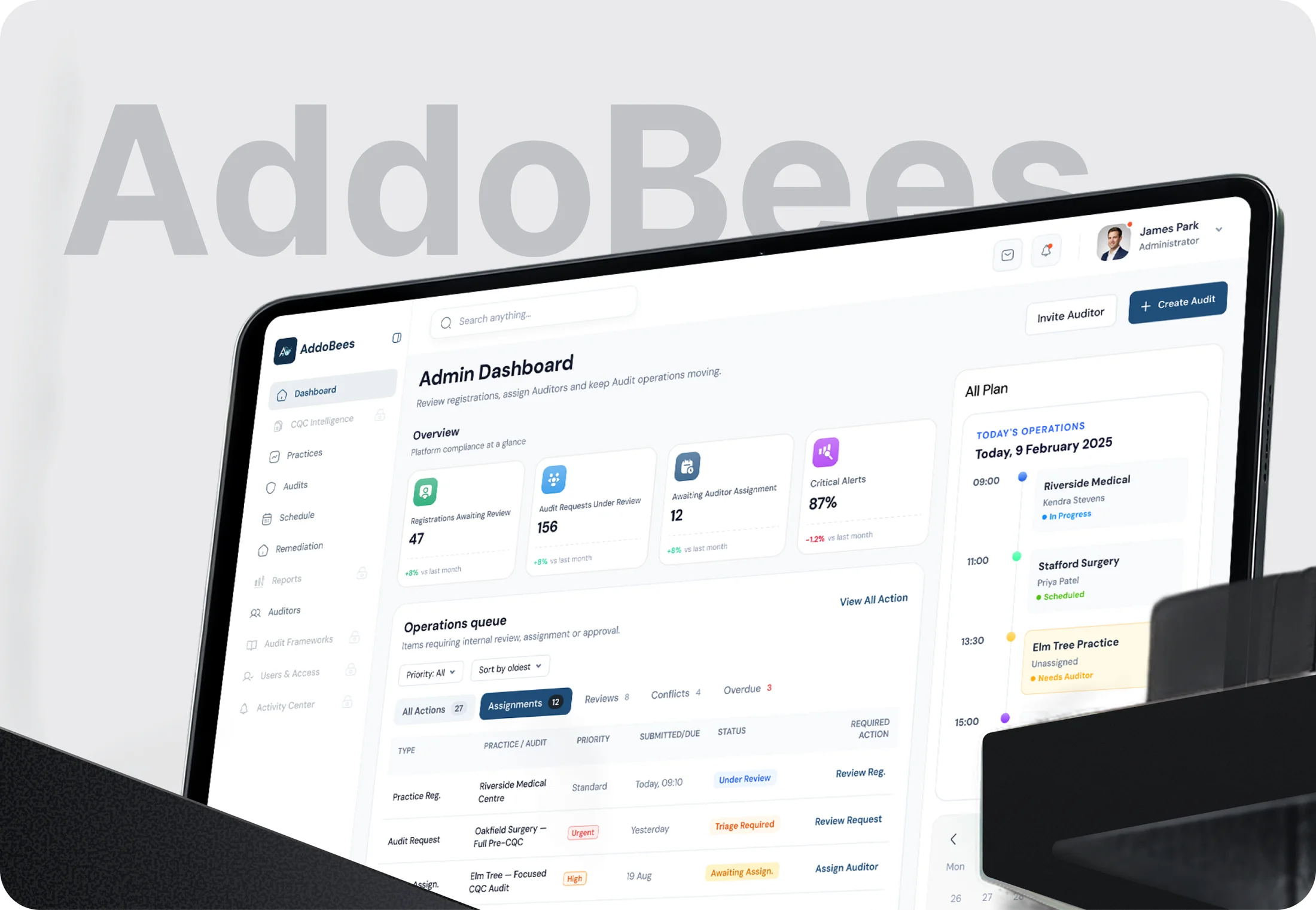 The AddoBees admin dashboard on a laptop, standing in front of the AddoBees wordmark: today's operations, the queue of audit requests awaiting review, and the counts for registrations, assignments and critical alerts.