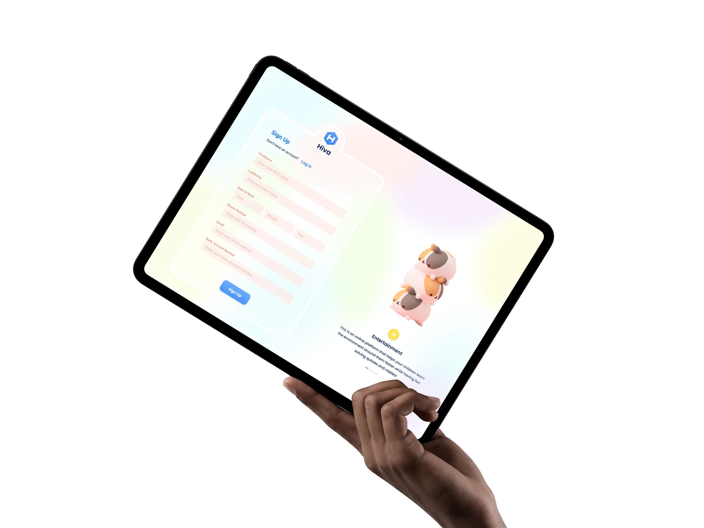 A hand holding an iPad that shows the Hiva sign-up screen: a form on a soft pastel wash, with a stack of three cuddly characters beside it.