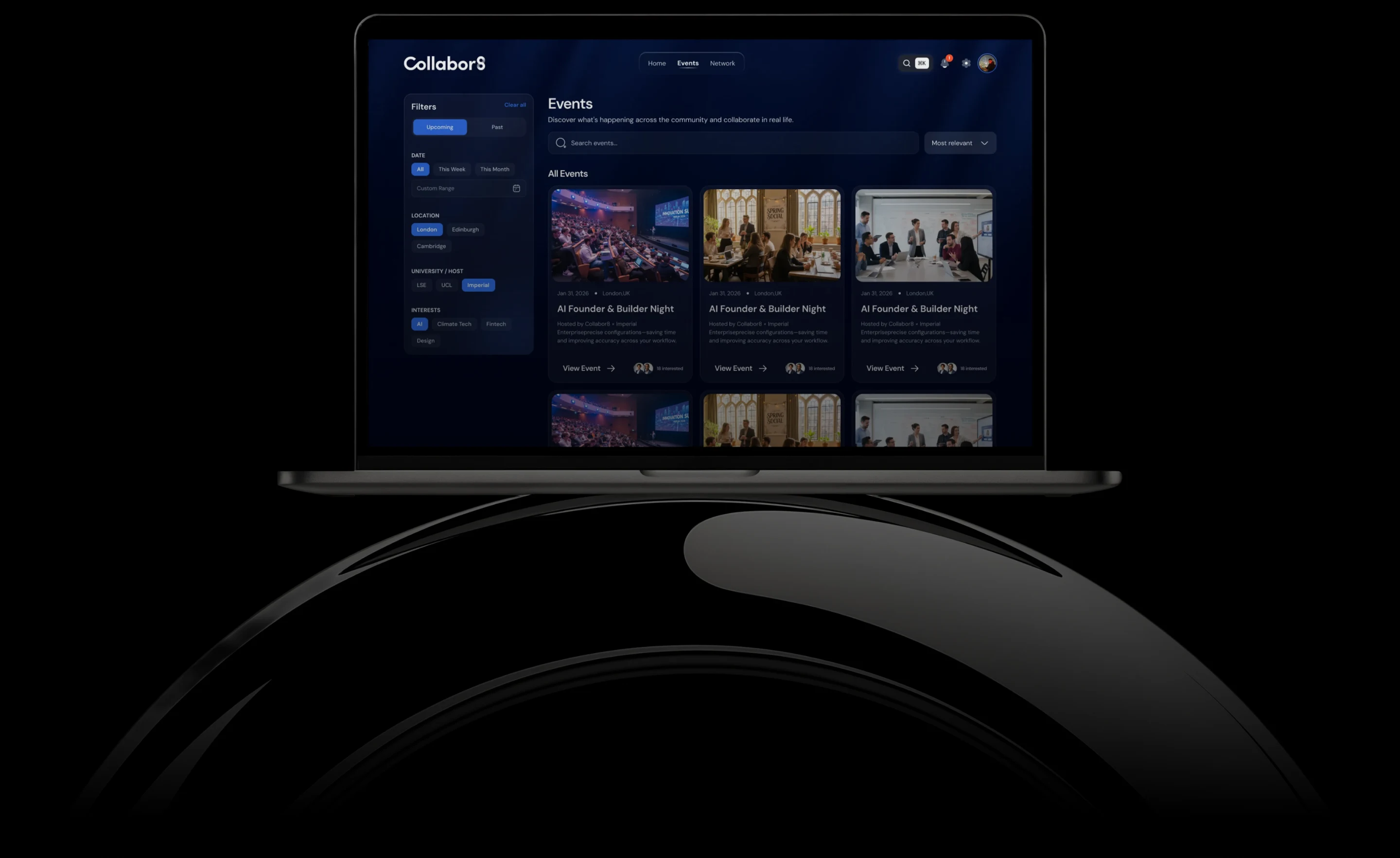 The Collabor8 events page on a laptop, seen head on against black, reflected in the surface it stands on.