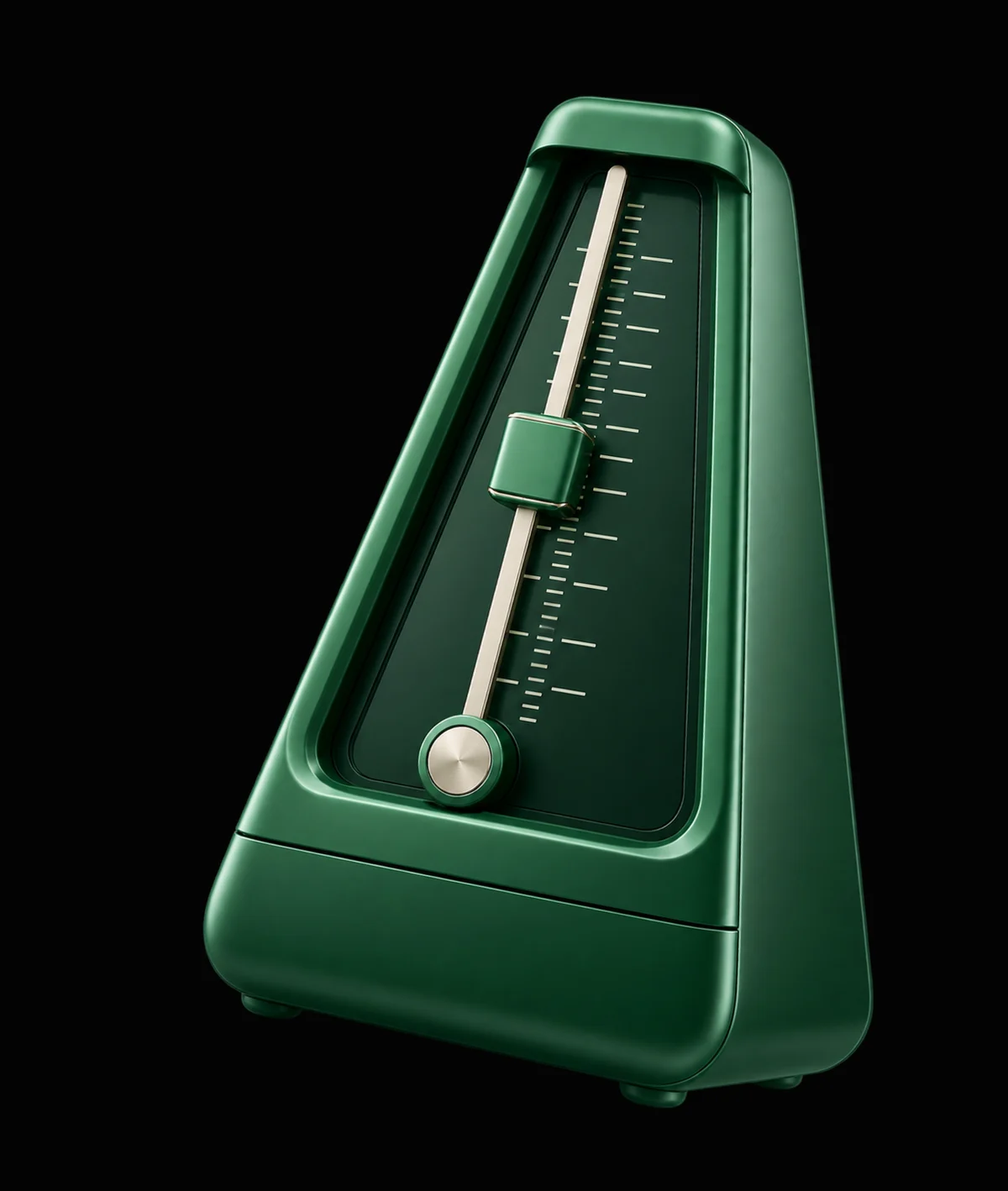 A glossy dark green 3D metronome, one of Nota's ornaments, seen at an angle on black, cut by the page frame's right edge.