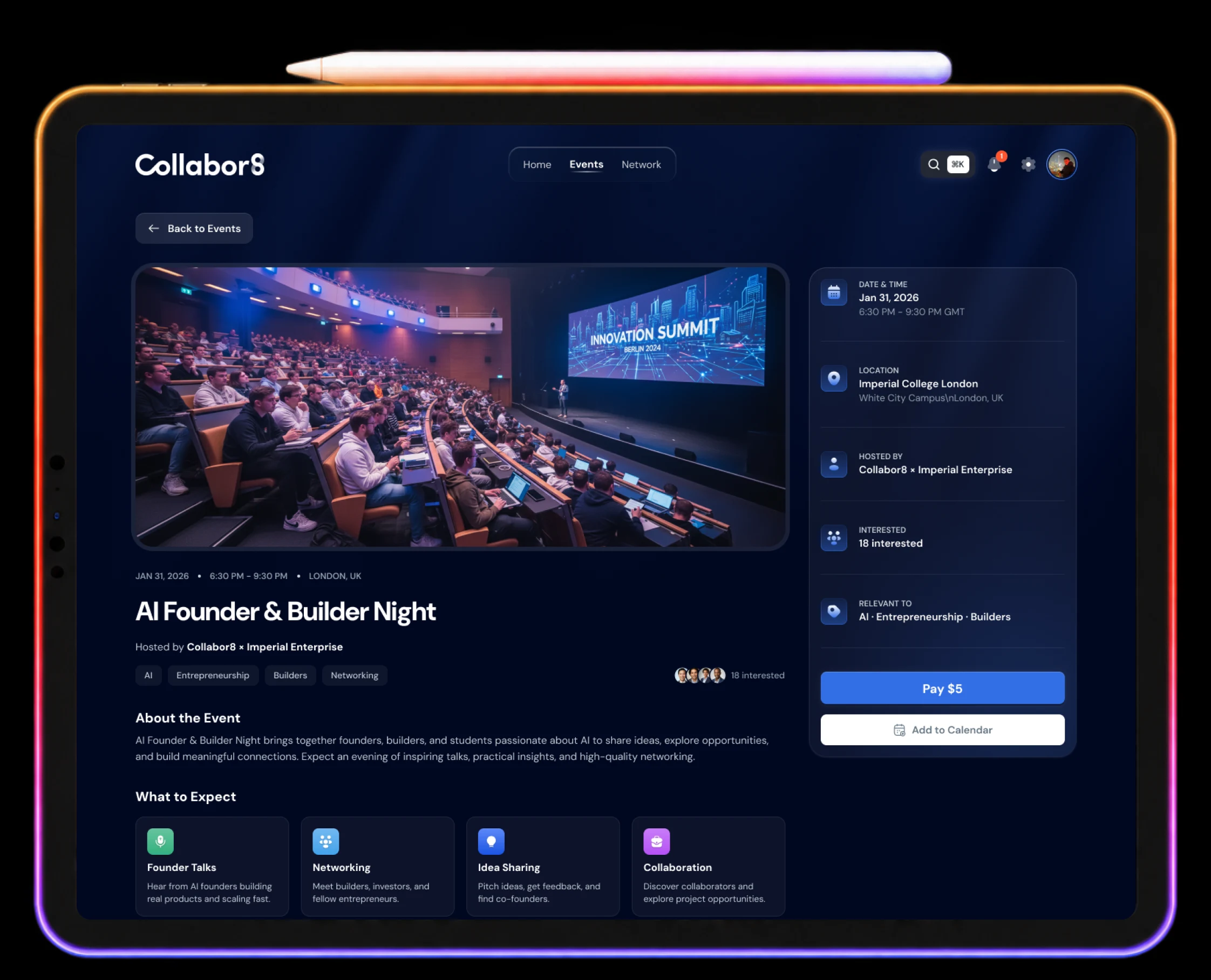 The Collabor8 event page on a tablet with a stylus resting above it: an AI Founder and Builder Night at Imperial College London, with its date, location, host and what to expect.