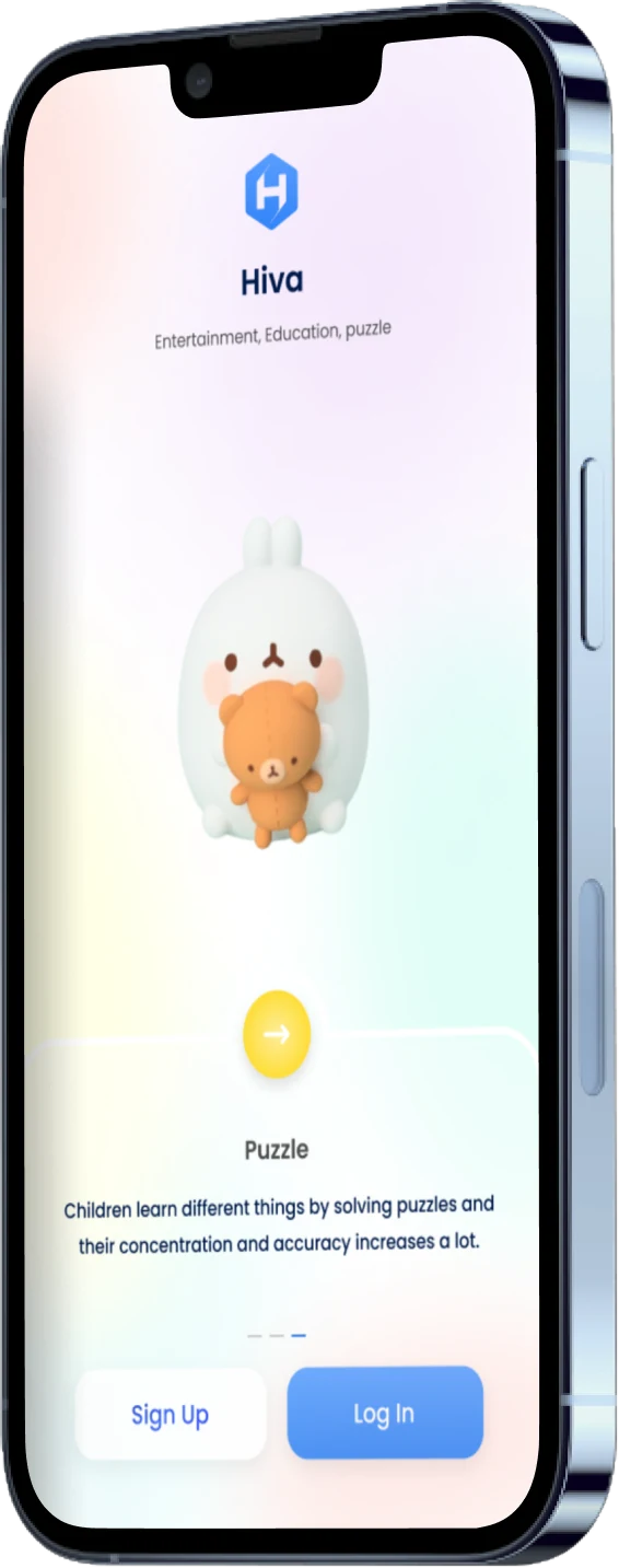 The Hiva welcome screen for Puzzle: a white bunny holding a teddy bear and a line for a grown-up about children learning by solving puzzles, with Sign Up and Log In buttons.