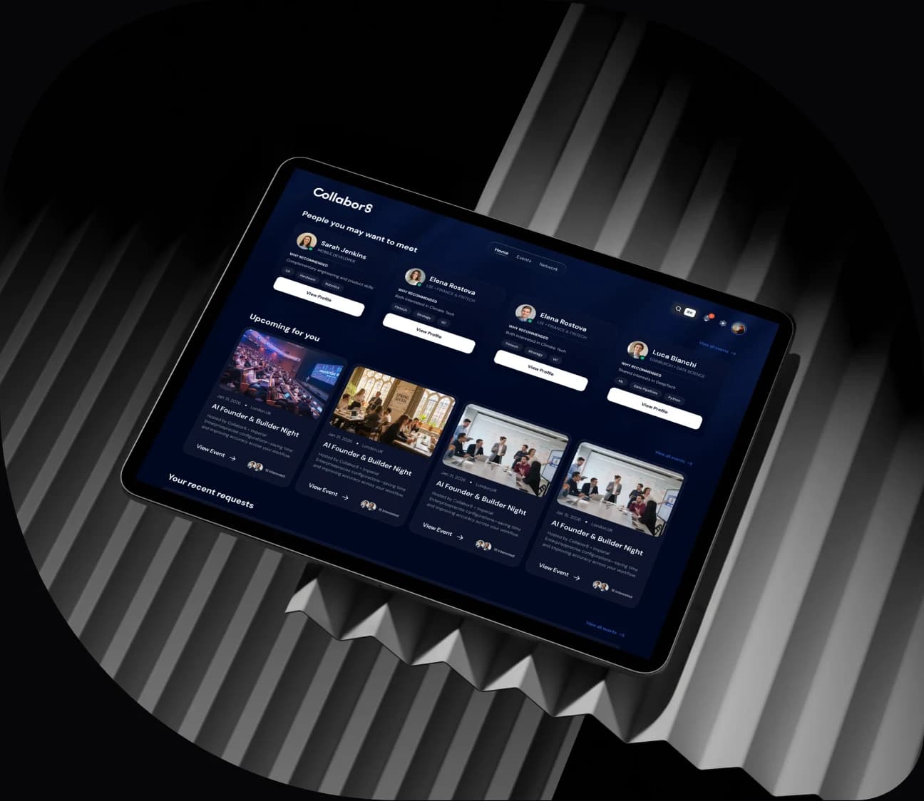 A tablet on a ribbed dark surface showing the Collabor8 events list, a row of upcoming founder nights and workshops.