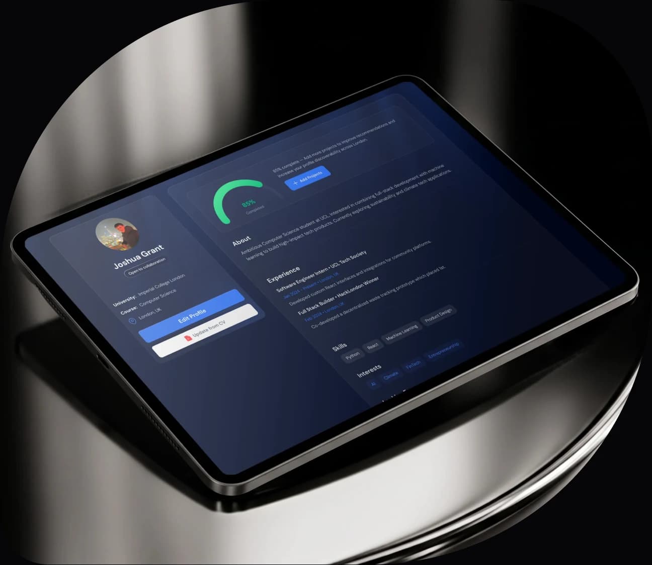 A tablet showing a Collabor8 member profile, with a match score ring beside the member's details and a collaborate button.