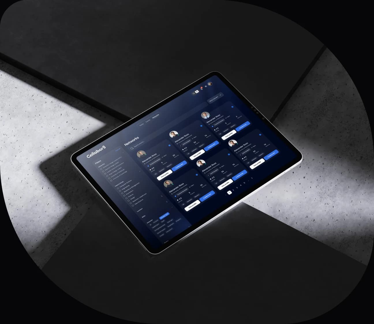 A tablet standing on a fluted pedestal showing a Collabor8 event page, the AI Founder and Builder Night.