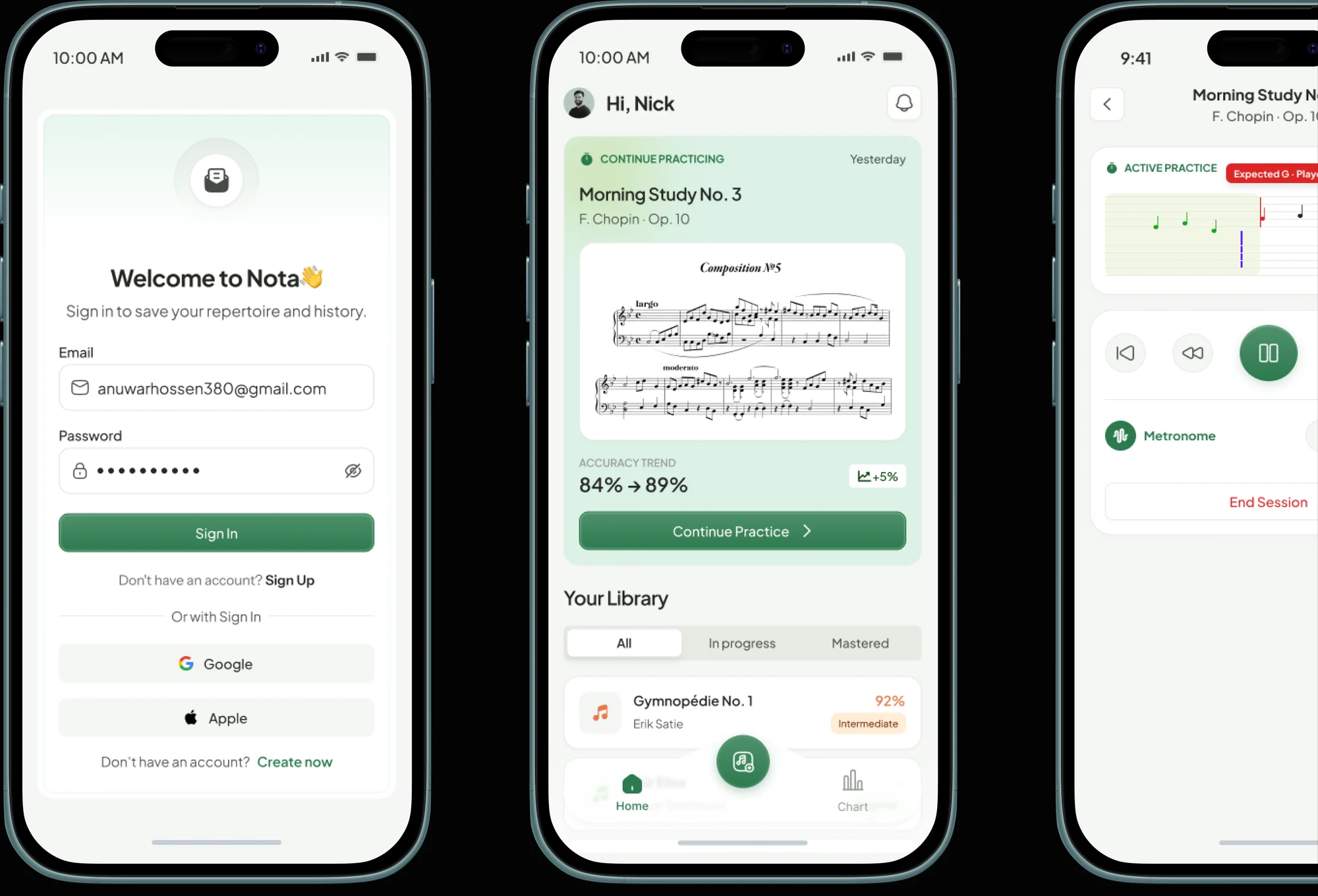 Three Nota screens on phones cut by the page frame's right edge: a sign-in screen reading Welcome to Nota, the Hi Nick home dashboard with Morning Study No. 3 and Your Library, and an active practice session for Morning Study No. 3 with a wrong note flagged Expected G, Played C, cut off at the edge.