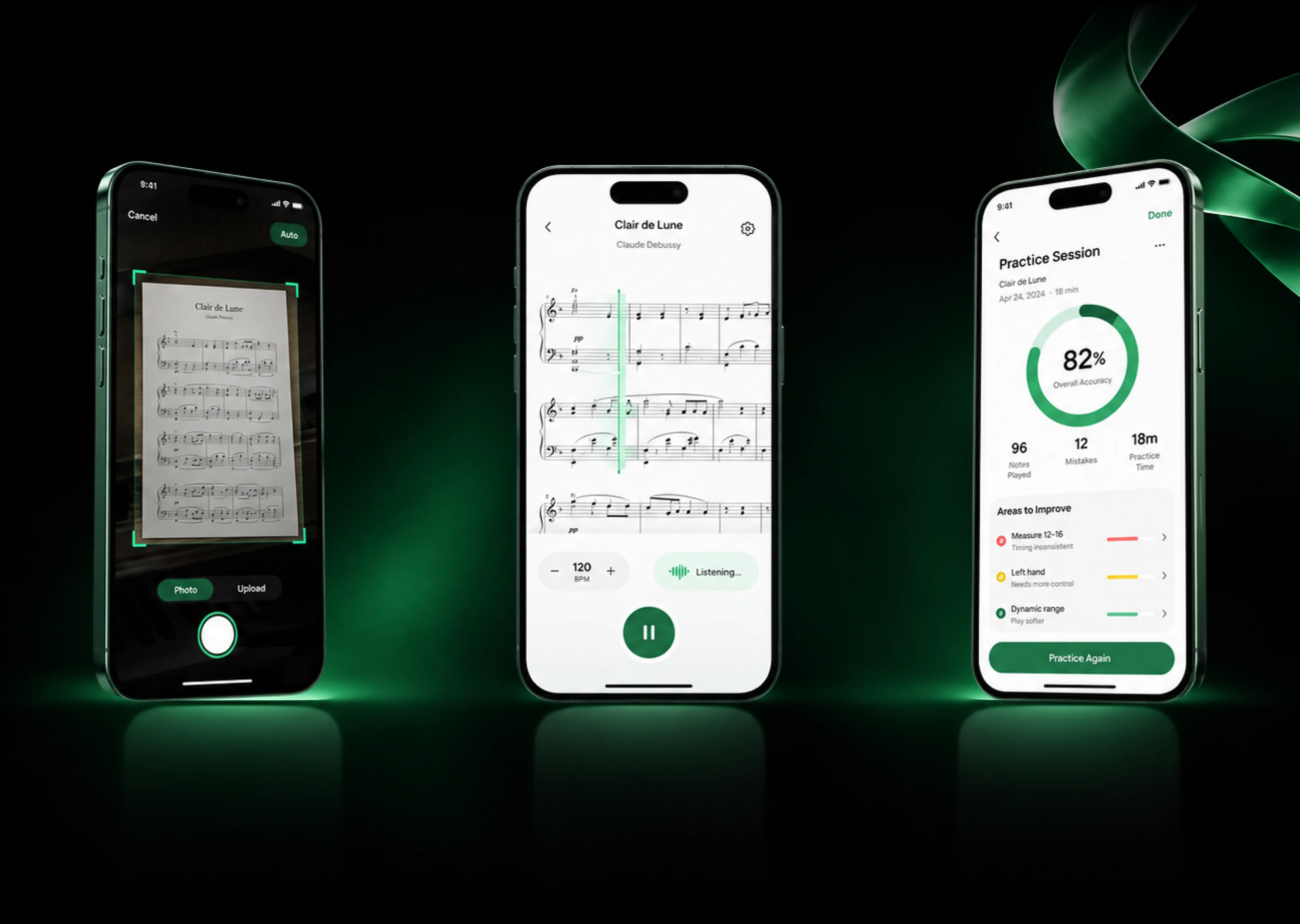 A green ambient glow behind three Nota phones on black: a sheet music scan in progress, Clair de Lune playing with the score scrolling under a green playhead, and a Practice Session summary showing 82% overall accuracy with areas to improve.