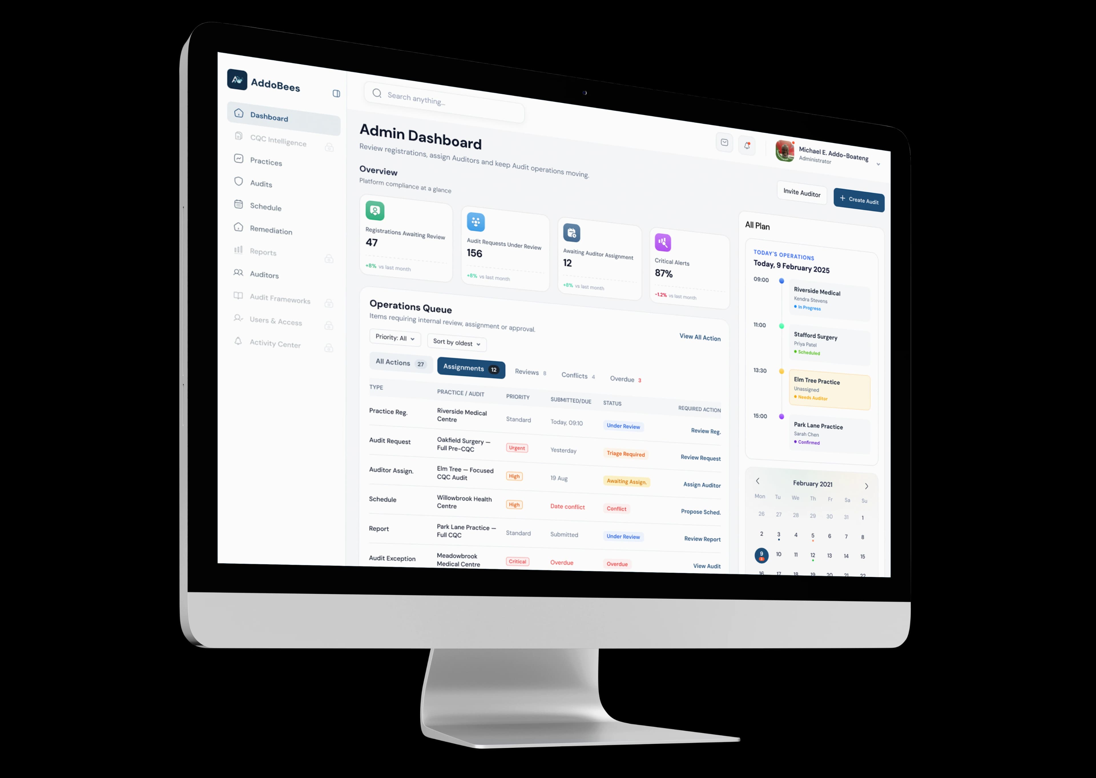 The AddoBees admin dashboard on an iMac: registrations, audit requests and the operations queue.