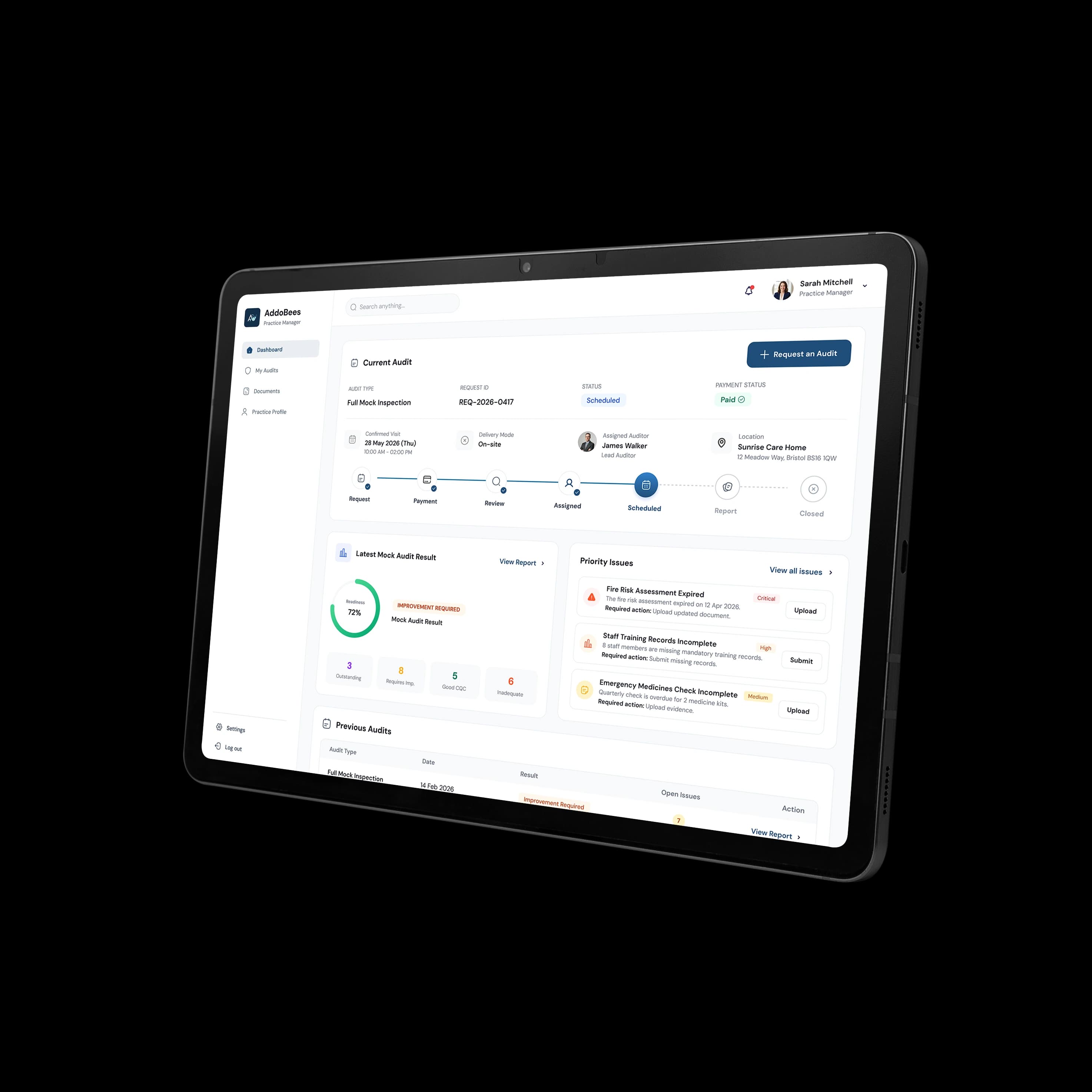 The practice manager's current-audit view on a tablet.