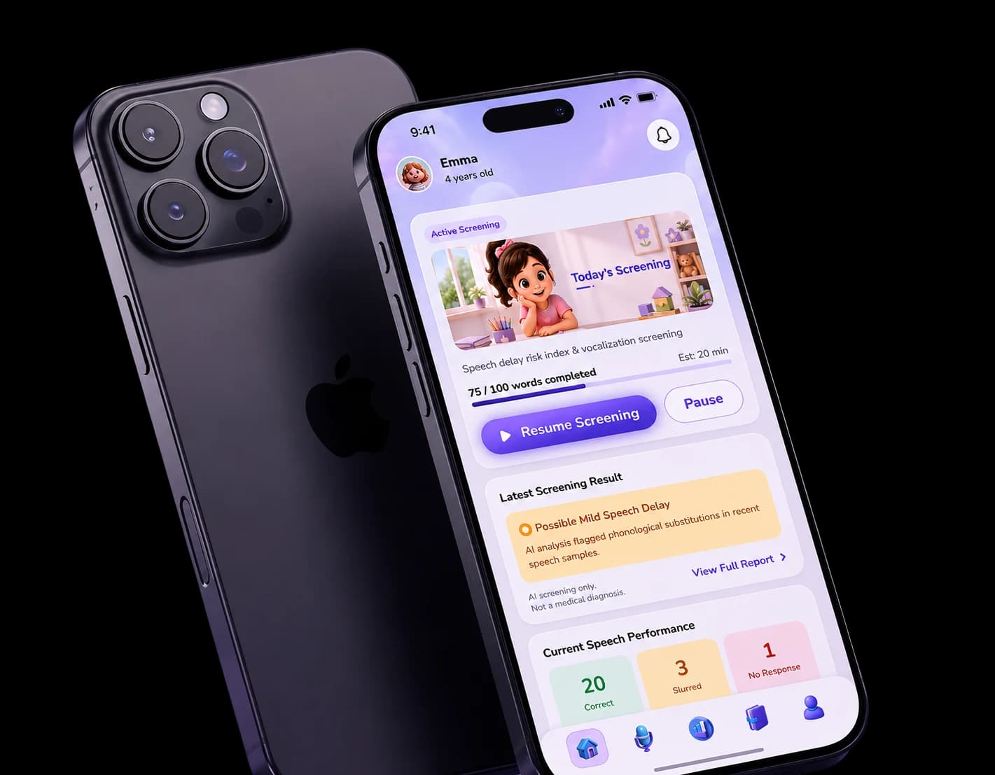 The finished app, shown front and back: the home screen with an active screening for Emma and its latest result