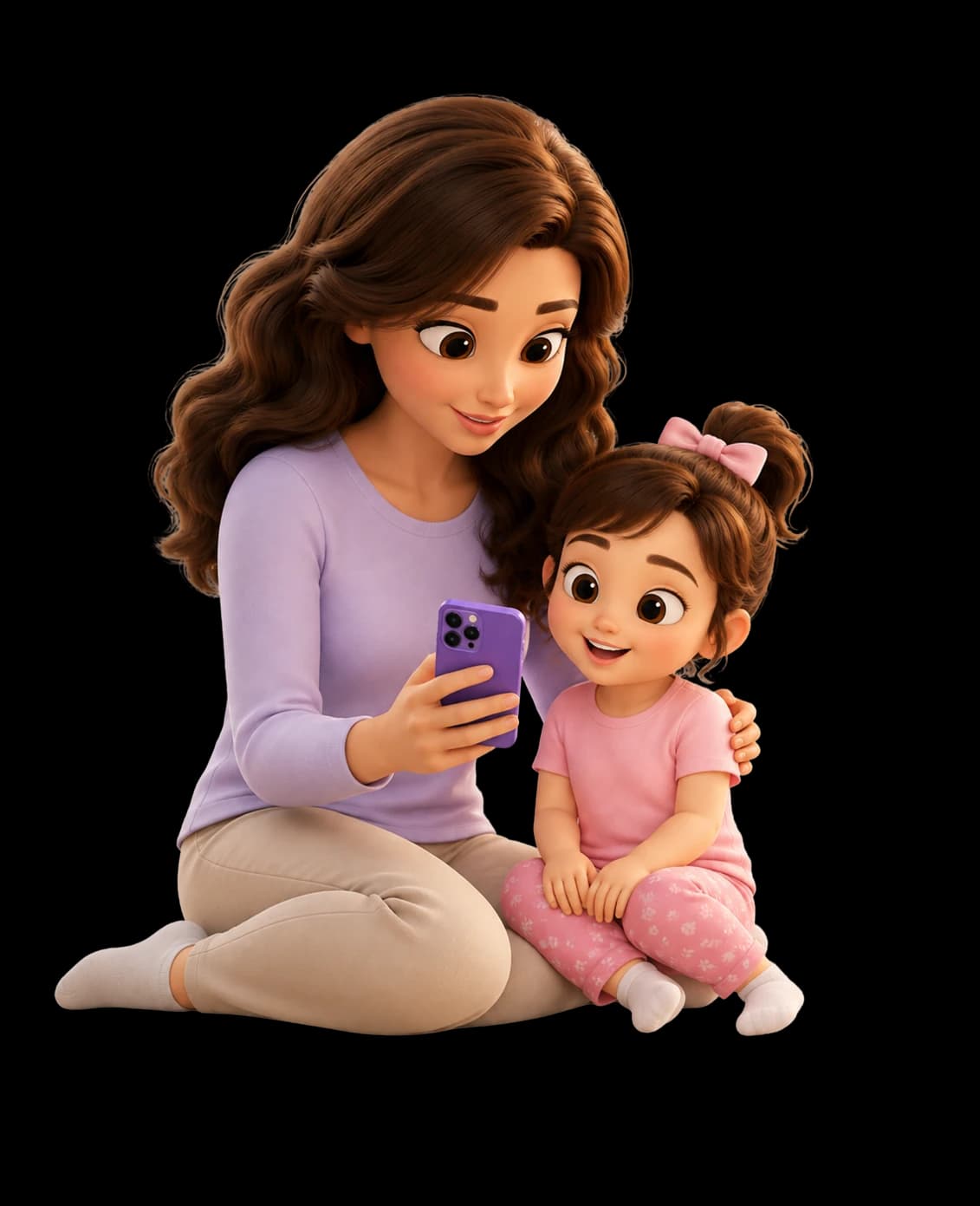 A parent and child sitting together, the child leaning in while the parent holds the phone