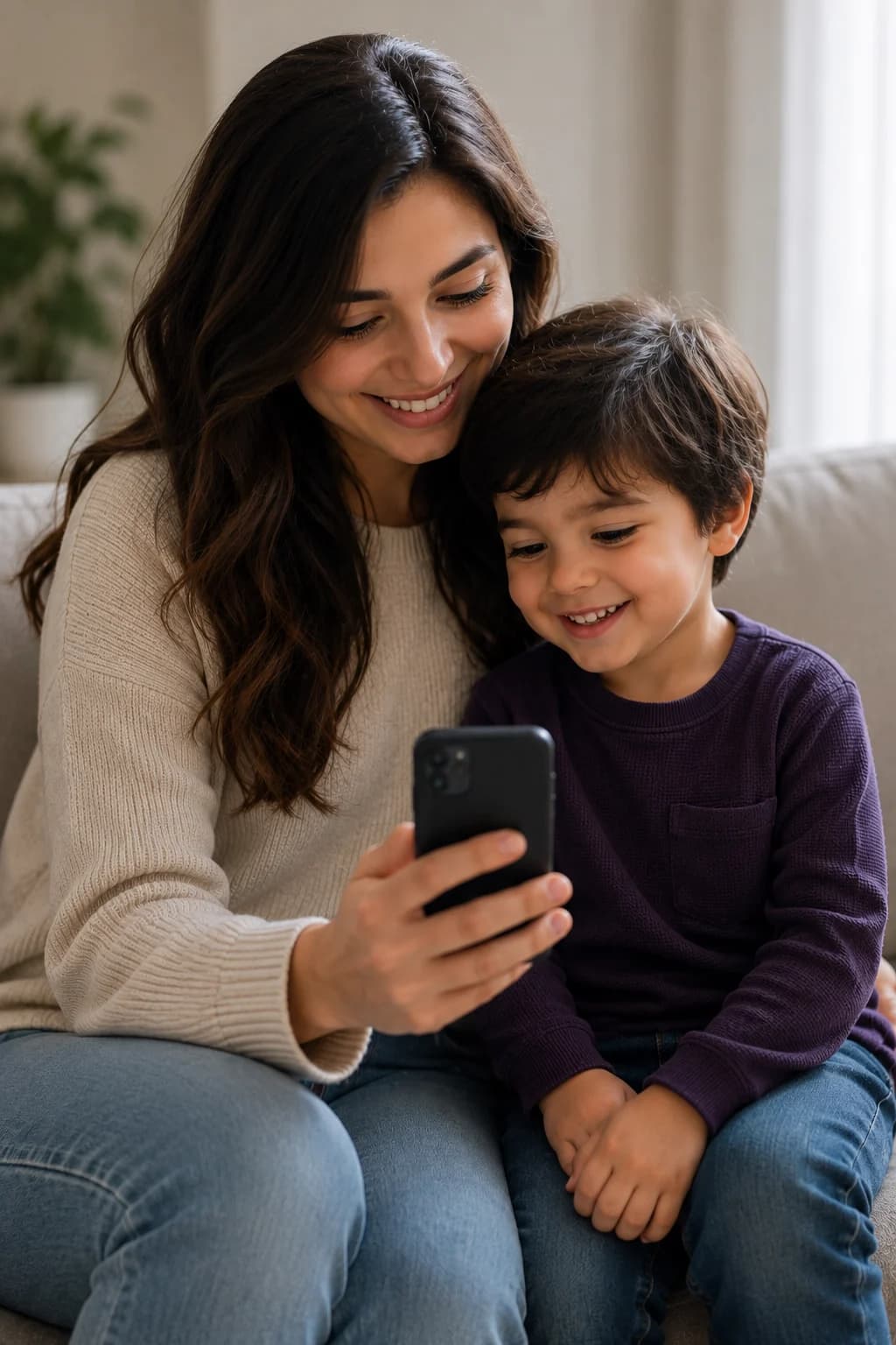 A parent and child looking at the app together on a sofa