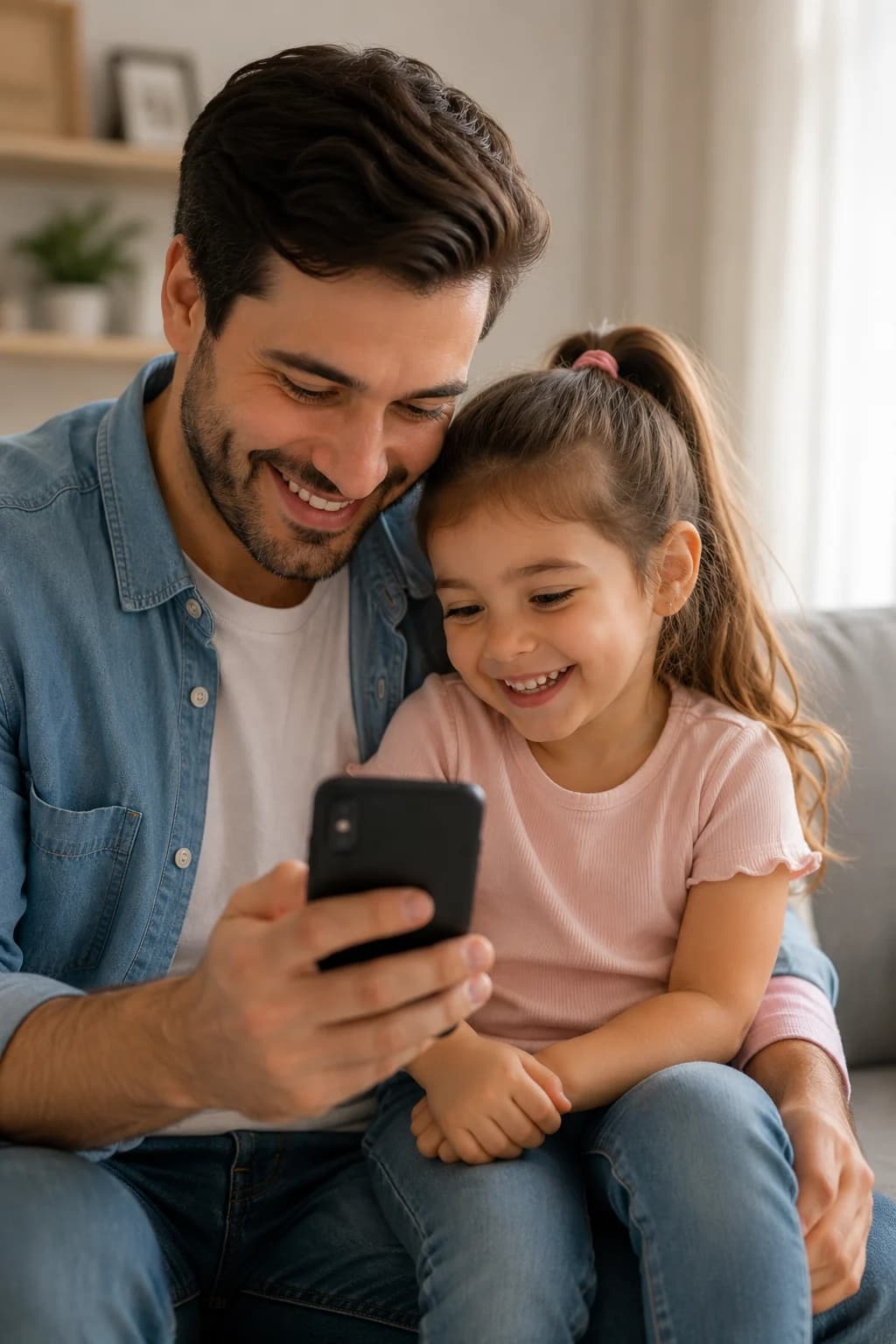 A parent and child using the app on a phone