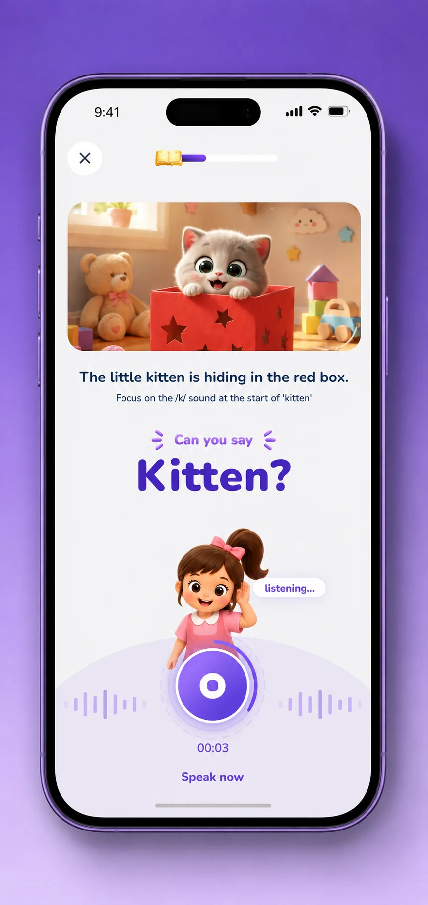 The screening prompt: a kitten hiding in a red box, with the target word Kitten and a microphone control