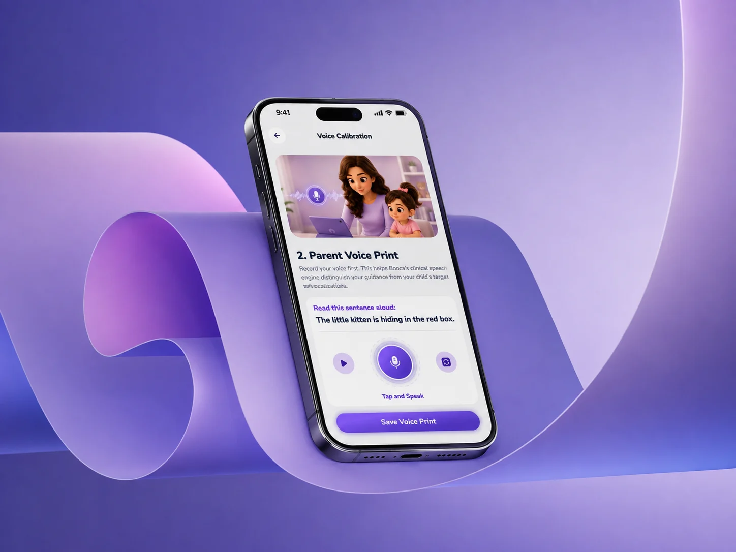 The voice calibration step standing on a curl of violet paper: record a parent voice print by reading one sentence aloud, then save it
