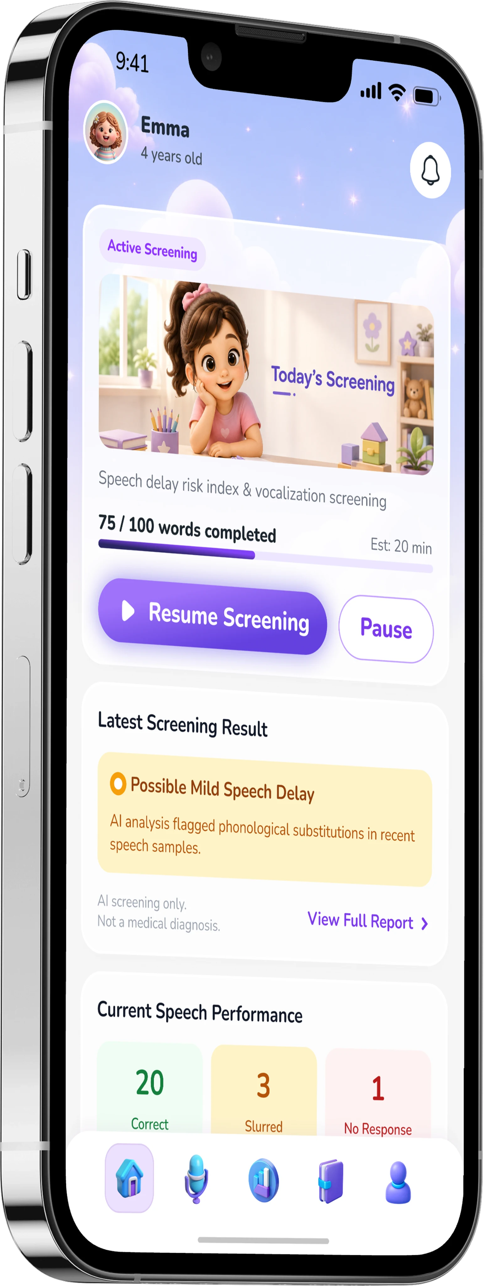 The app's home screen: an active screening for Emma, four years old, showing progress, the latest result flagged as a possible mild speech delay, and a breakdown of correct, slurred and unanswered words