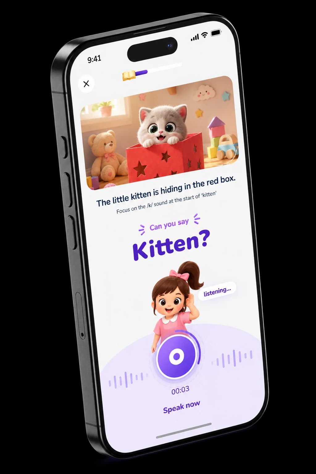 The prompt screen, tilted: a kitten hiding in a red box above the target word Kitten, with a microphone and a listening indicator