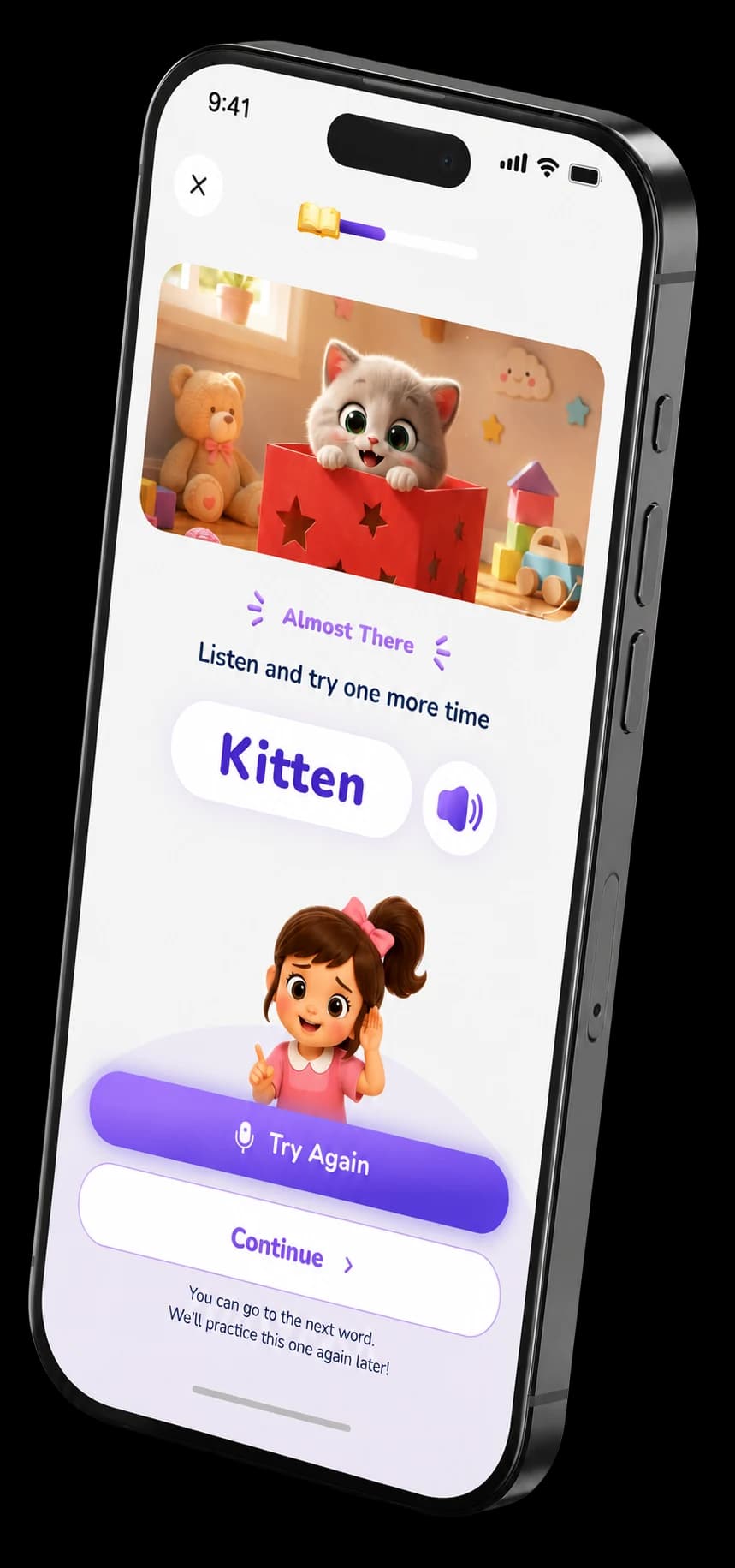The retry screen: listen and say the word once more, with Try Again and Continue controls