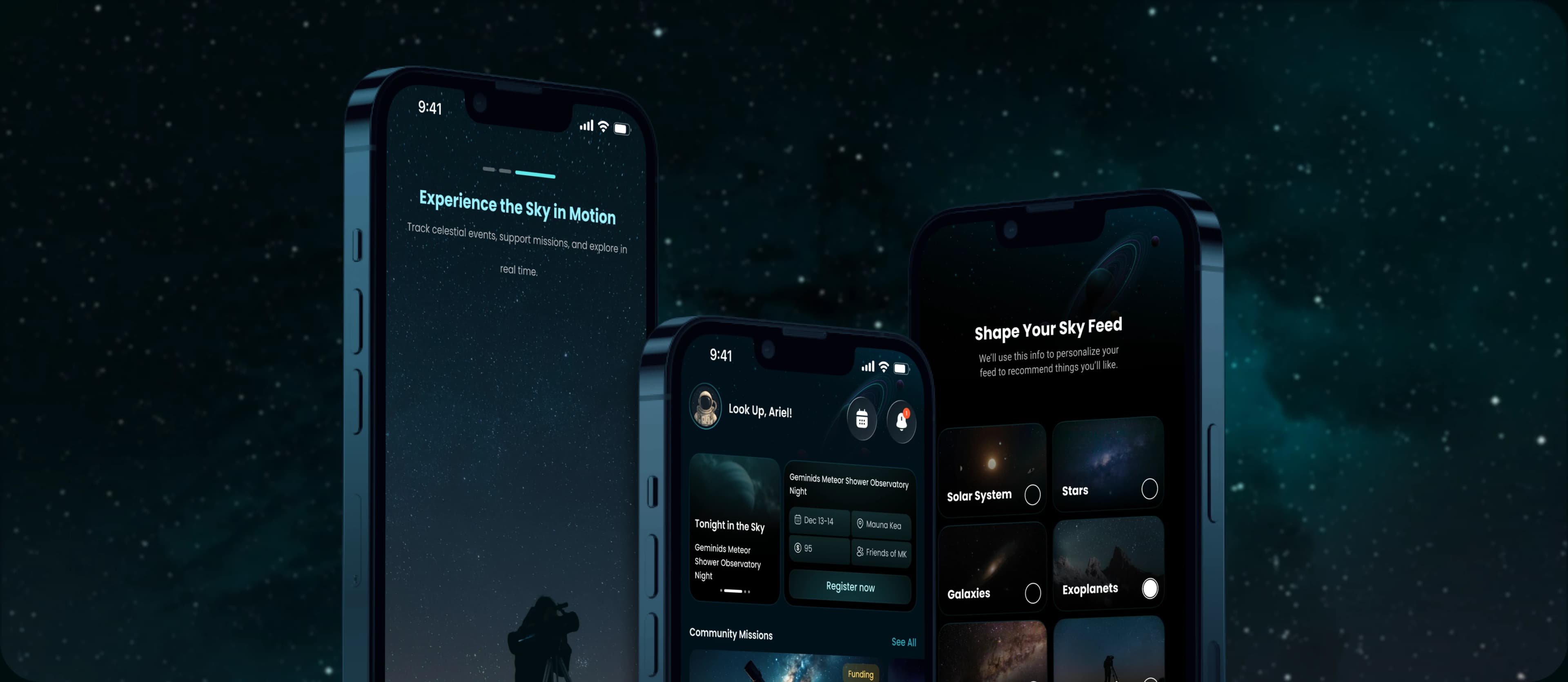 Three iPhones running Lookup against a starfield: the Experience the Sky in Motion onboarding screen, the home feed carrying tonight's event and community missions, and the Shape Your Sky Feed interest picker.