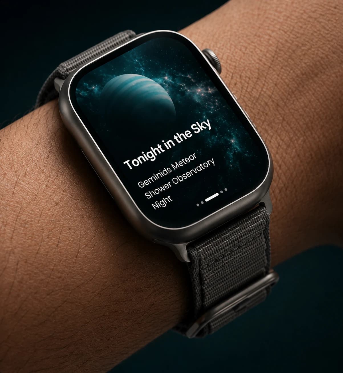The Lookup complication on an Apple Watch, showing a Tonight in the Sky card for the Geminids meteor shower observatory night.