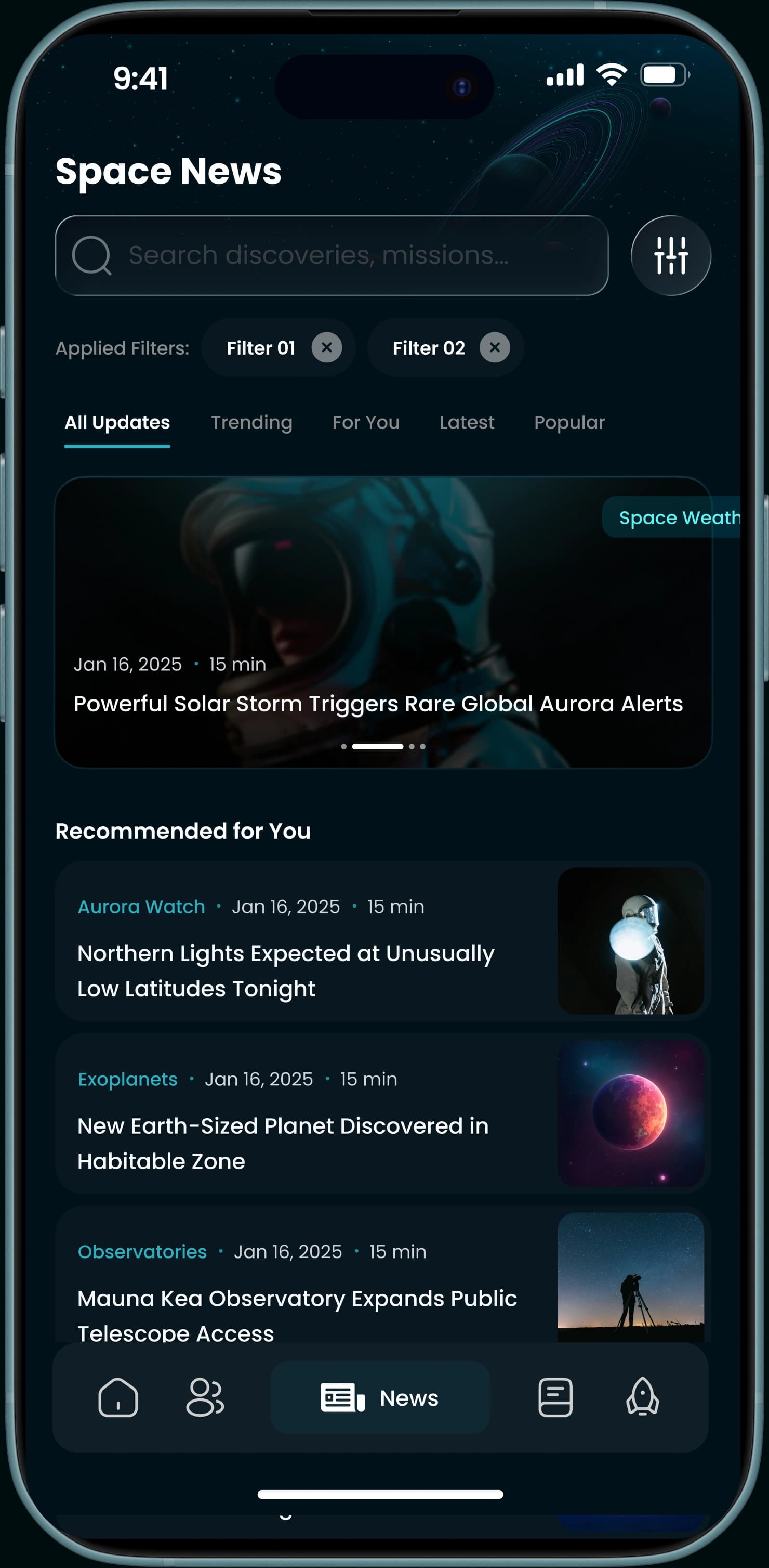 The Lookup app's Space News feed on an iPhone: a search field with two applied filters, tabs running from All Updates to Popular, a lead story about a solar storm, and a Recommended for You list of aurora, exoplanet and observatory articles.