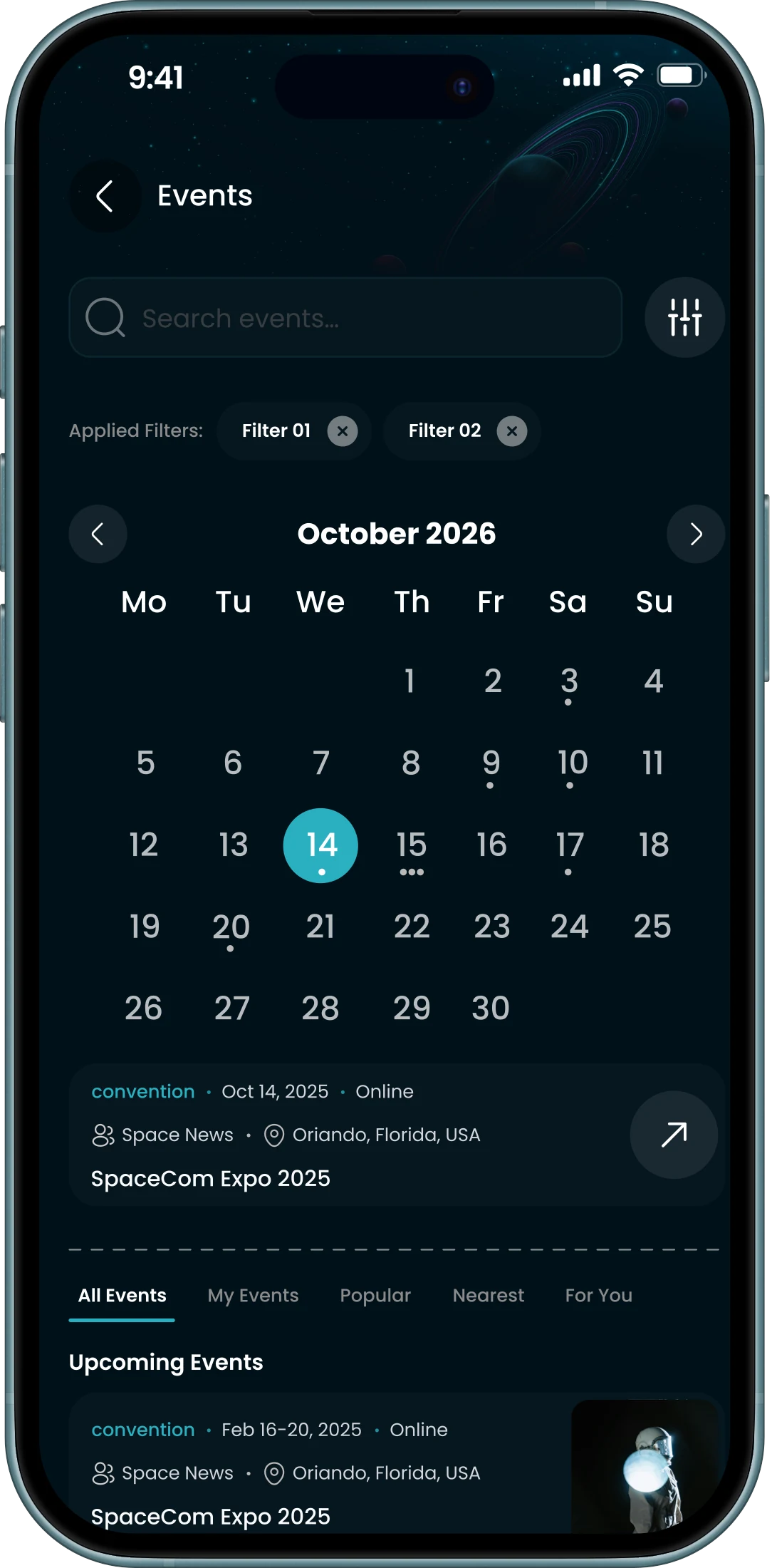 The Lookup events screen: a search field, two applied filters, an October 2026 calendar with the 14th selected, and SpaceCom Expo listings in Orlando, Florida.