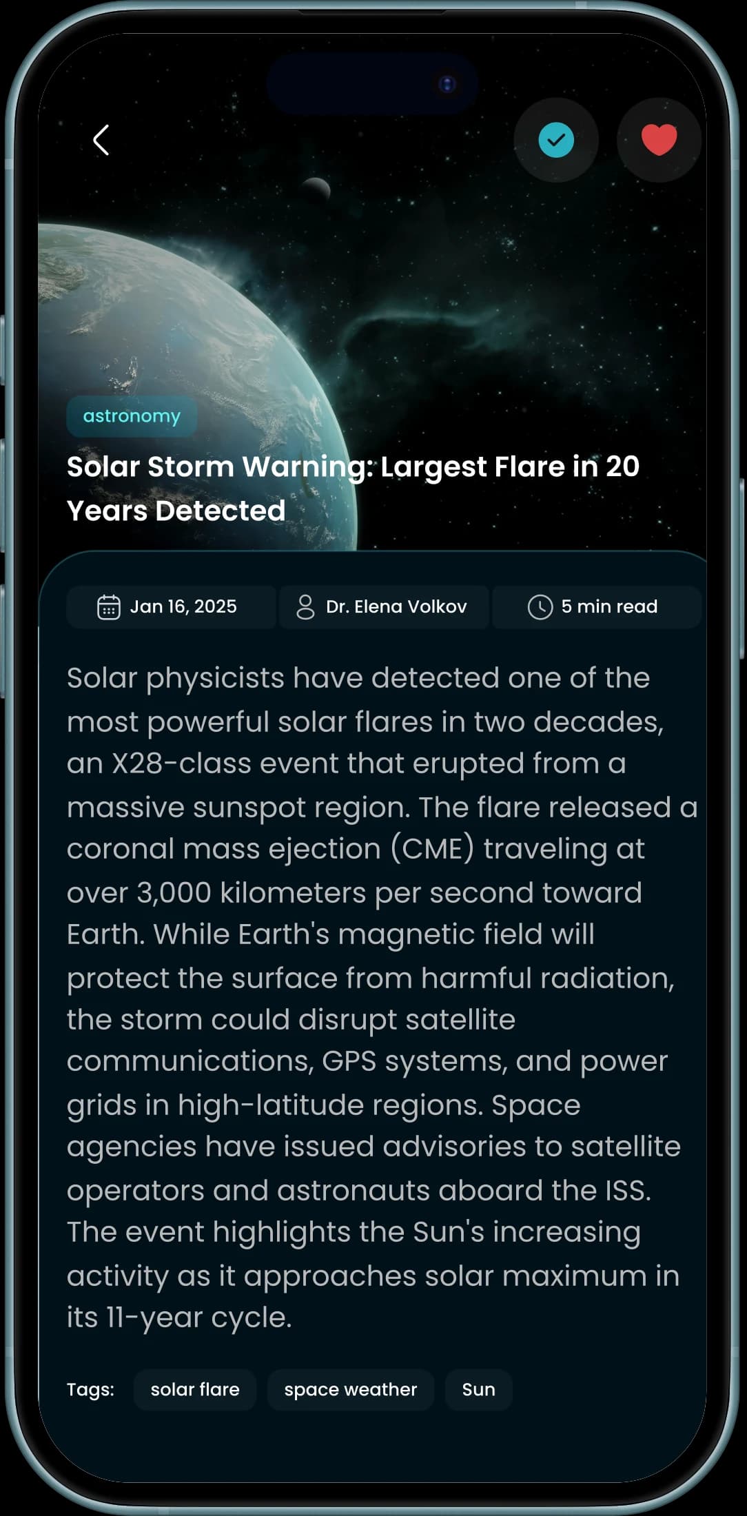 A Lookup article screen: Solar Storm Warning, Largest Flare in 20 Years Detected, with its date, author, five minute read time, the full story and topic tags.