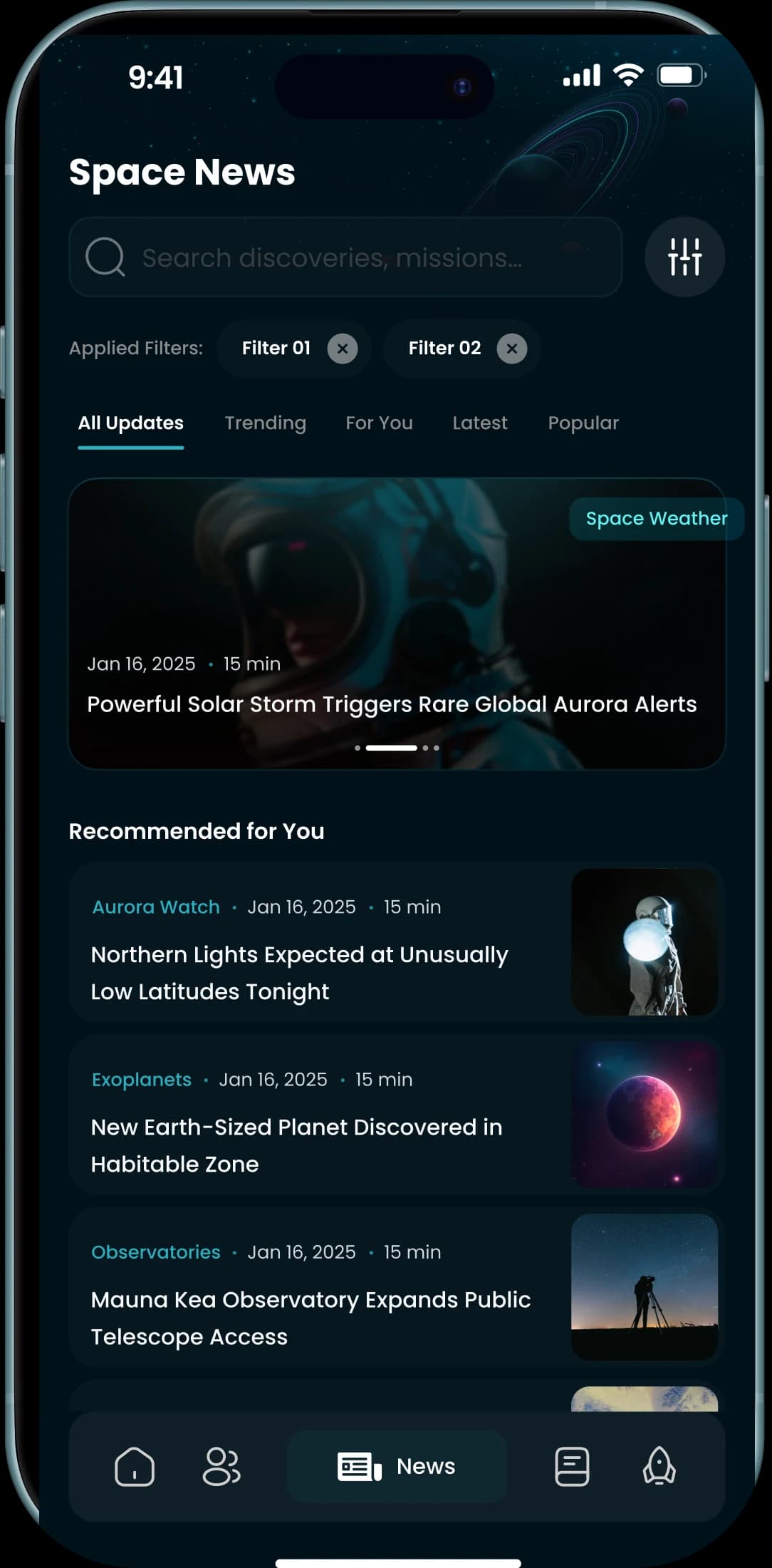 The Lookup news feed: a search field with two filters applied, a space weather lead story on rare global auroras, and a recommended list covering northern lights, an Earth sized exoplanet and public telescope access.