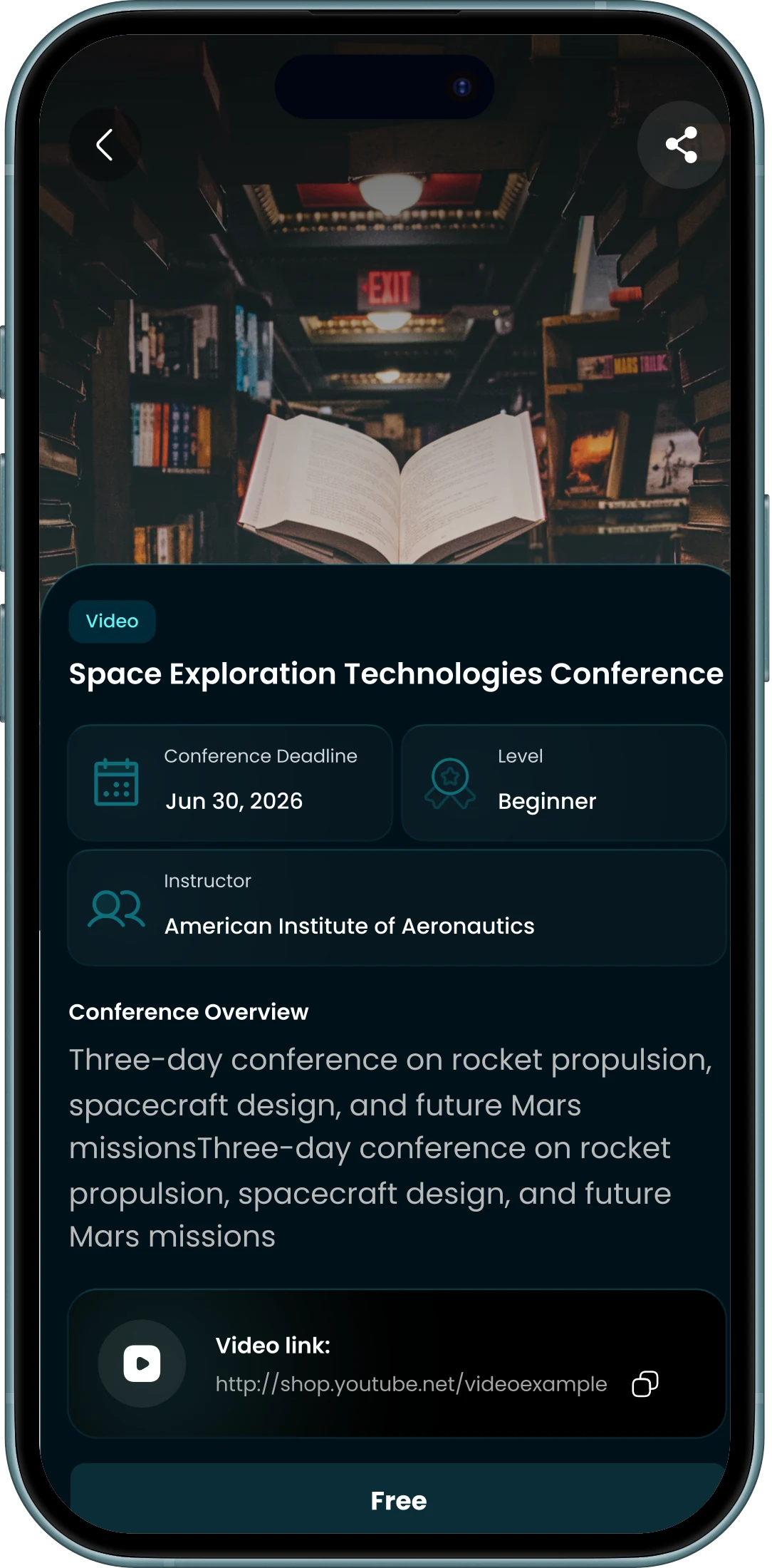 A Lookup learning screen: the Space Exploration Technologies Conference, with its deadline, beginner level, instructor, overview, a video link and a free enrolment action.