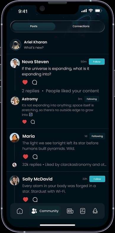Lookup community feed: posts from Nova Steven, Astromy, Maria and Sally McDavid with replies and reactions