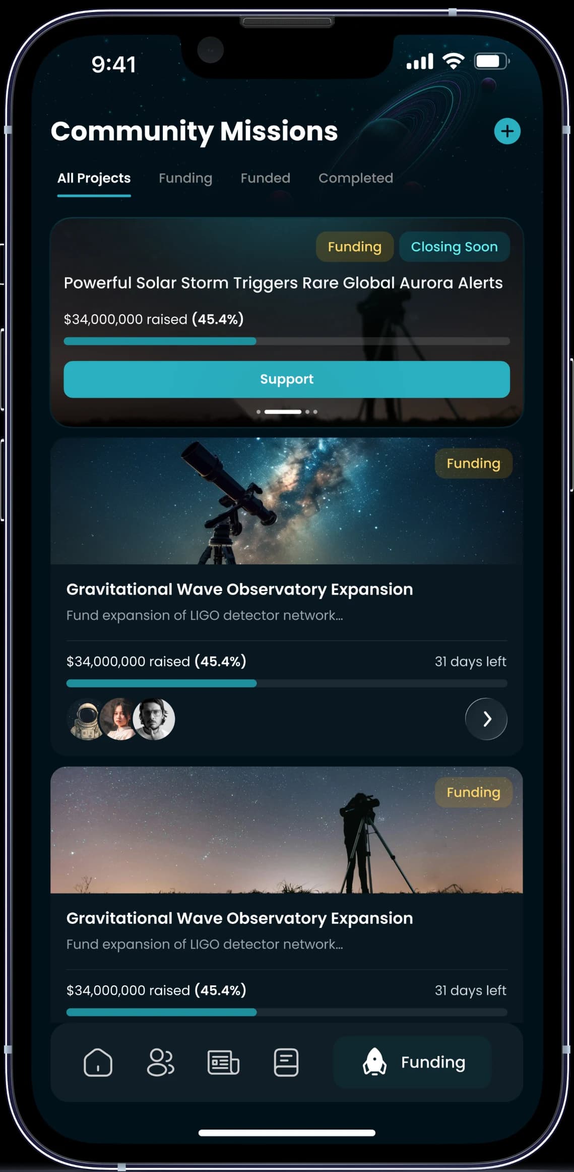 Lookup community missions screen: funding cards for a gravitational wave observatory expansion with progress bars