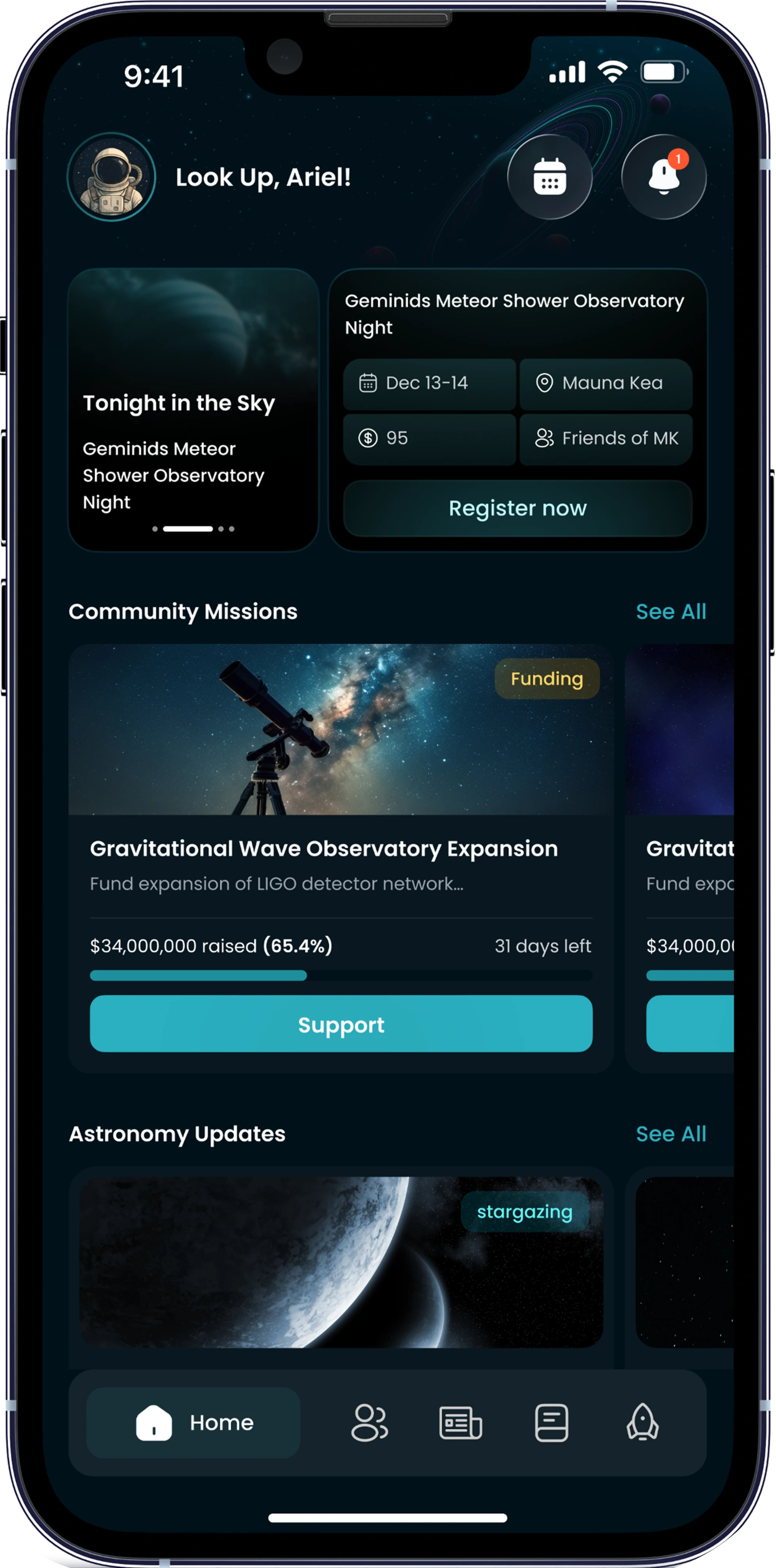 Lookup home screen: a Tonight in the Sky card for the Geminids meteor shower, community missions and astronomy updates