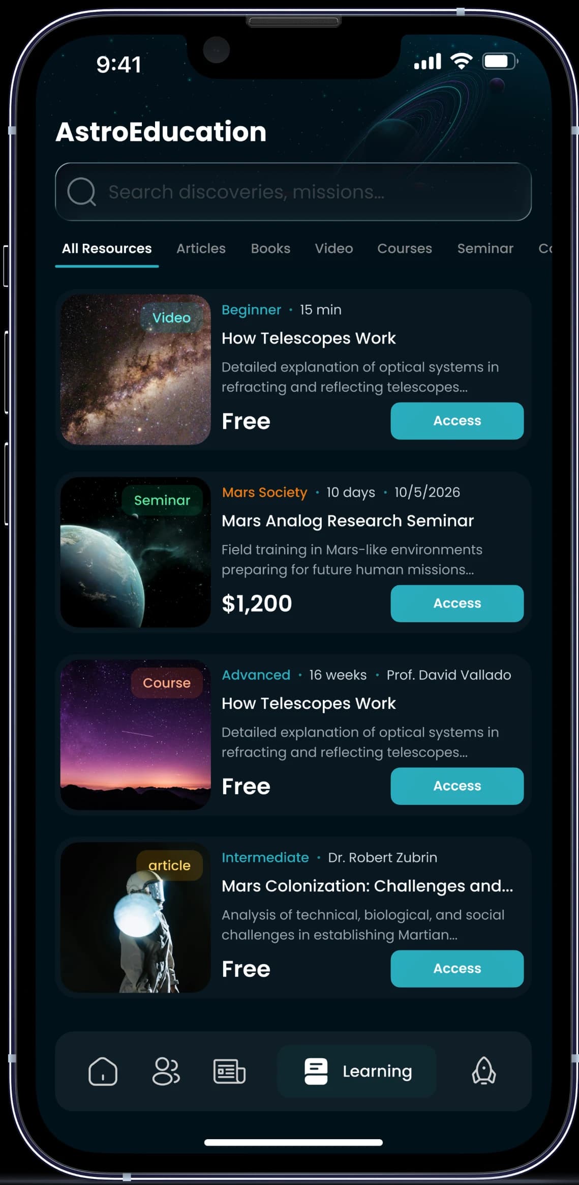 Lookup AstroEducation screen: a resource list of videos, seminars and courses with prices and access buttons