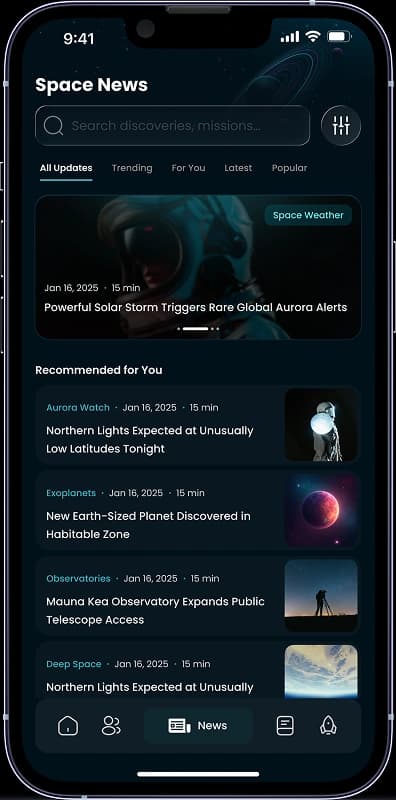 Lookup space news screen: a solar storm lead story above recommended articles on aurora, exoplanets and observatories