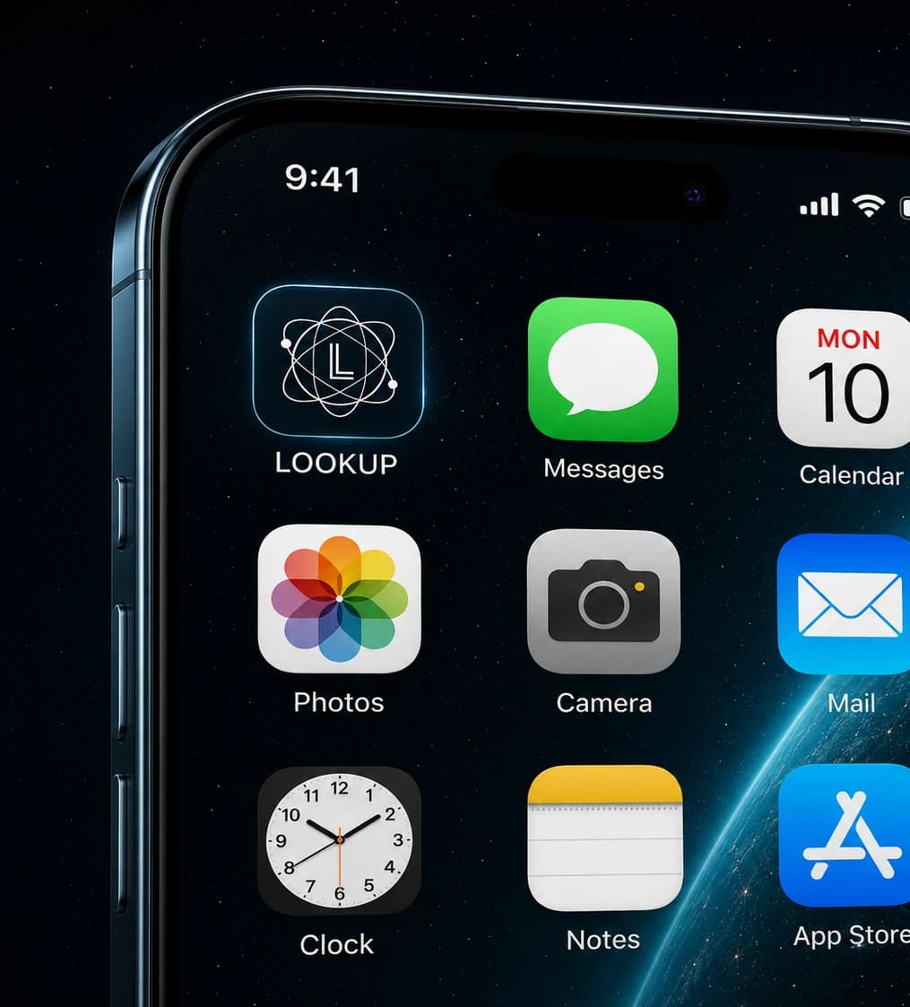 The Lookup app icon on an iPhone home screen, beside Messages, Calendar, Photos, Camera, Mail, Clock, Notes and the App Store.