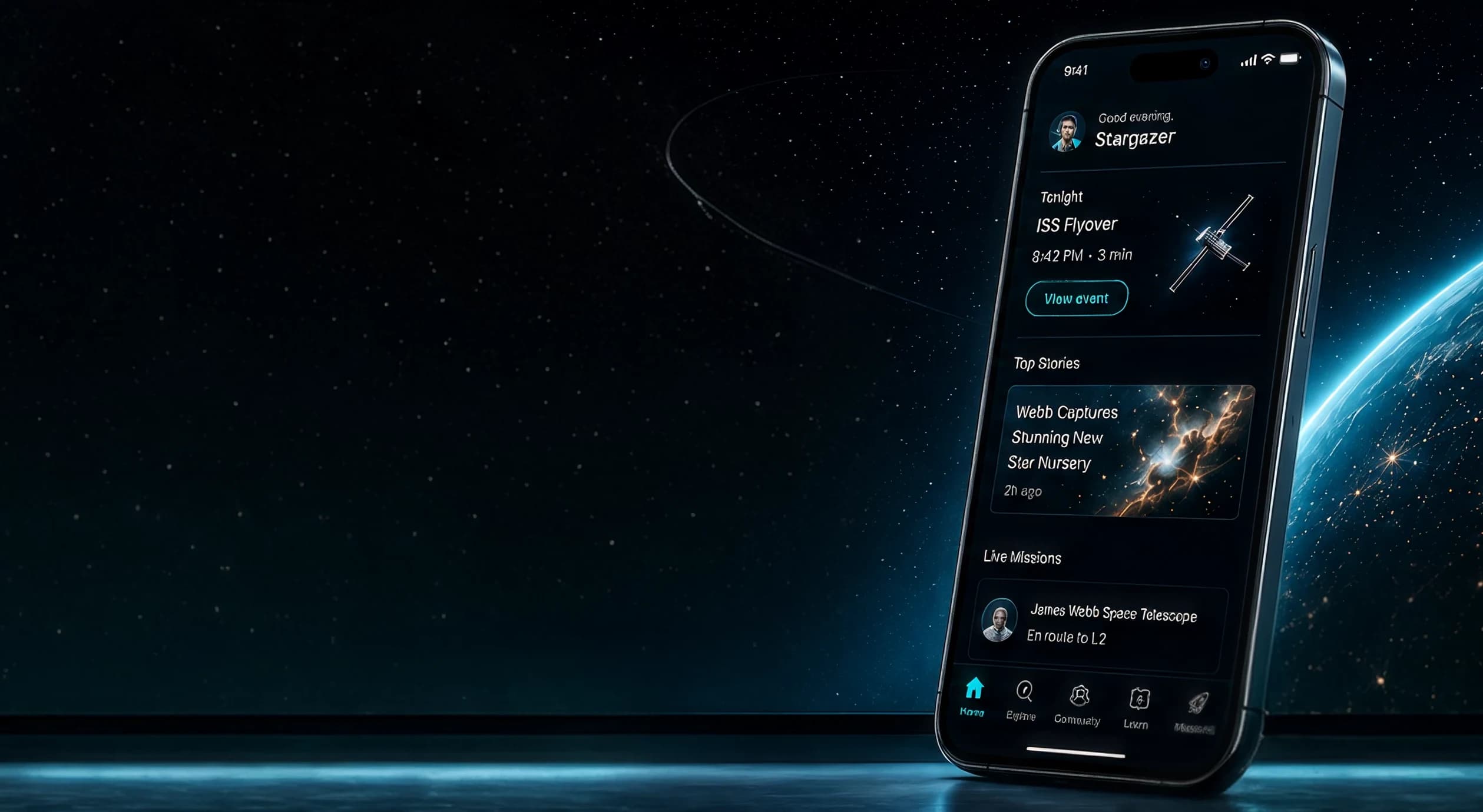 The Lookup home screen on a phone, tilted above the lit limb of a planet in deep space.
