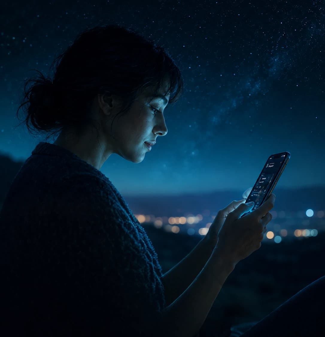 A stargazer wrapped in a knitted jumper holding a phone running Lookup, the Milky Way above her and a city glowing on the horizon.