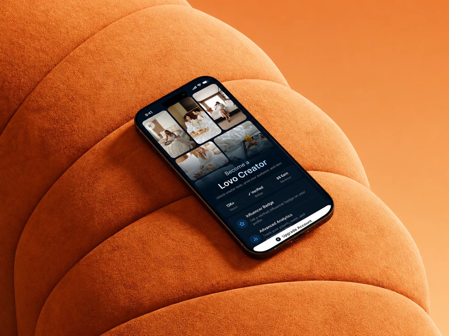 Dark Become a Lovo Creator upgrade screen, on a phone resting on a quilted orange sofa