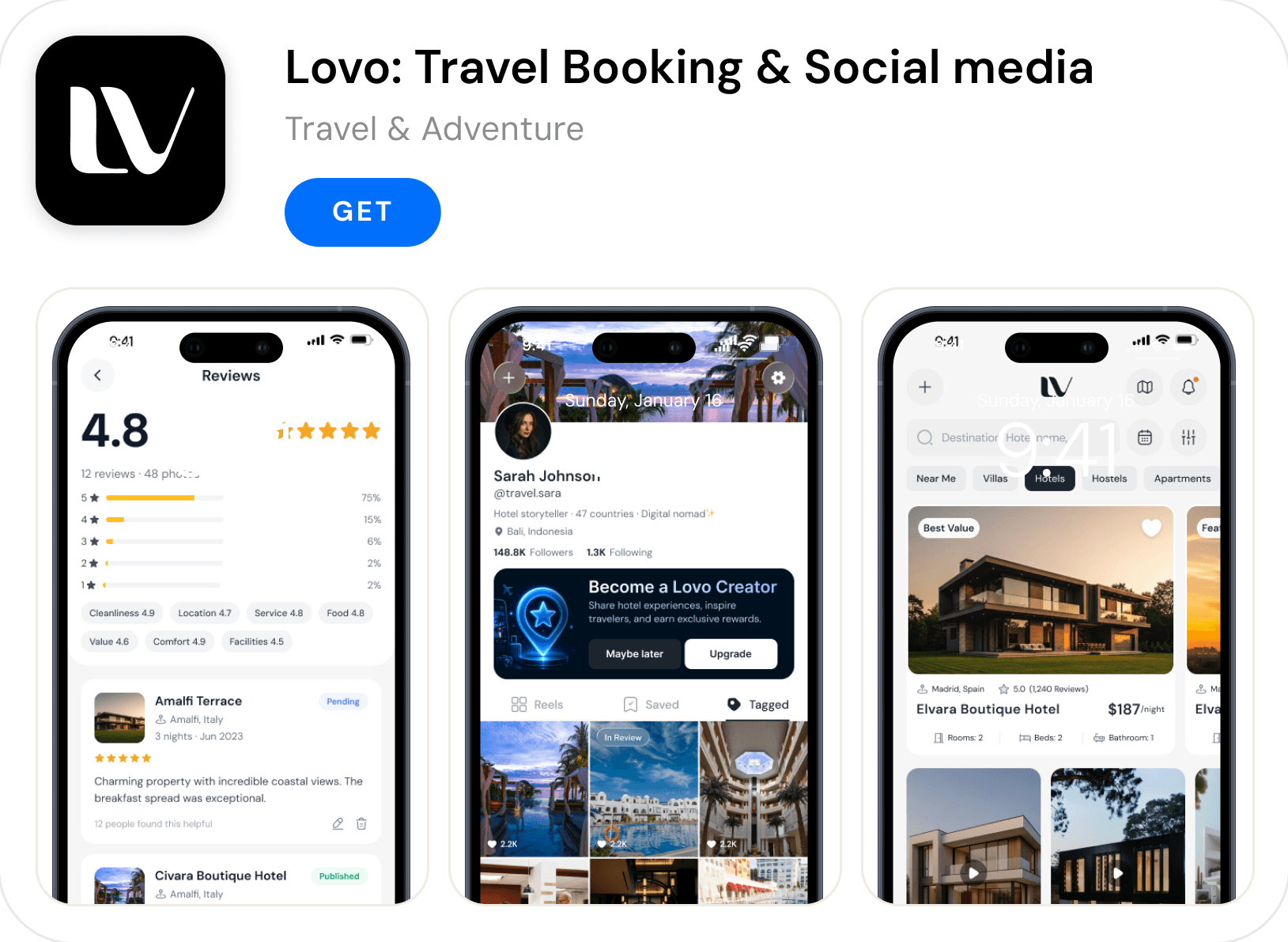 App Store listing card for Lovo: Travel Booking and Social media, with three preview screens