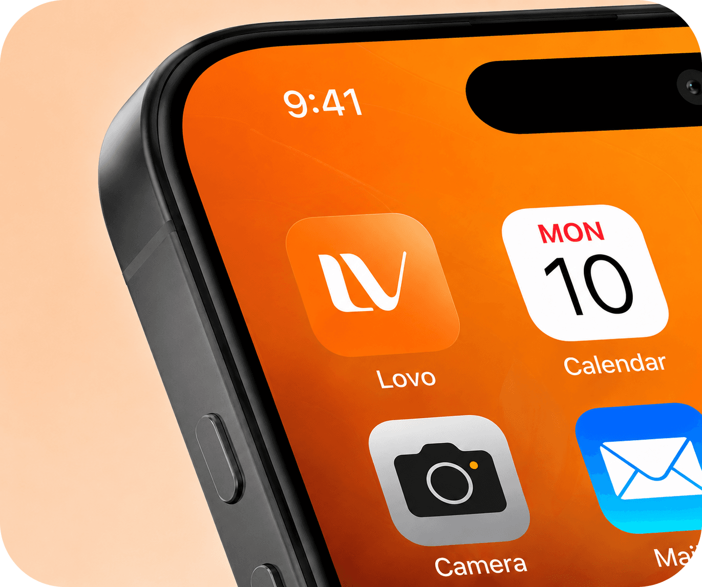 Close-up of the LOVO app icon on an orange phone home screen