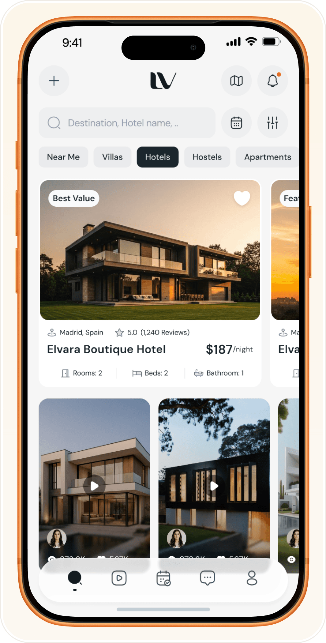 iPhone mockup of the LOVO hotel search screen with listing cards and creator videos