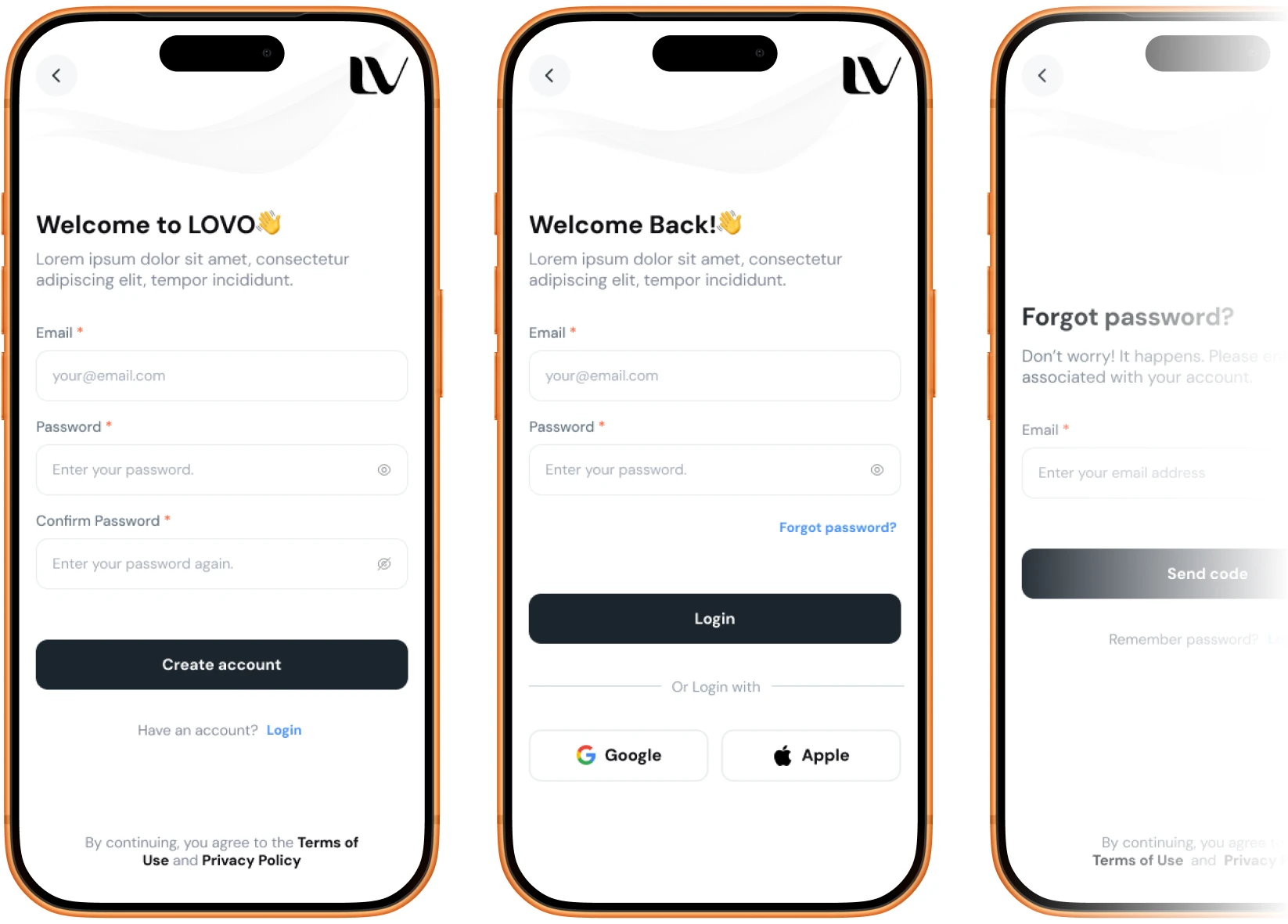 LOVO sign up, login, and password recovery screens on three iPhones