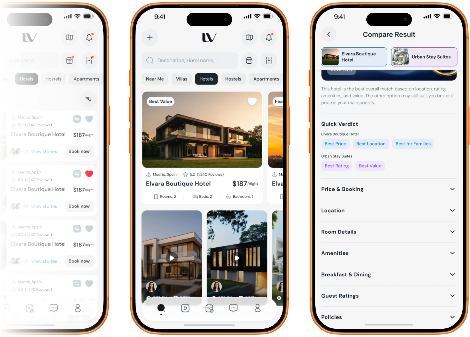 LOVO stay listings, home search, and hotel compare screens on three iPhones